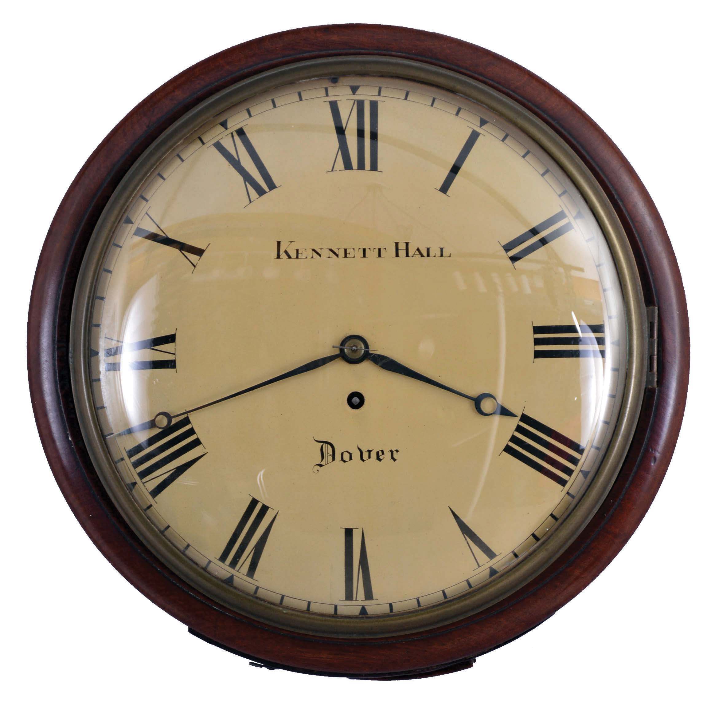 English, 8 day, spring driven, fusee movement white dial wall timepiece signed "Kenneth Hall, Dover". — Antique Clocks Price Guide