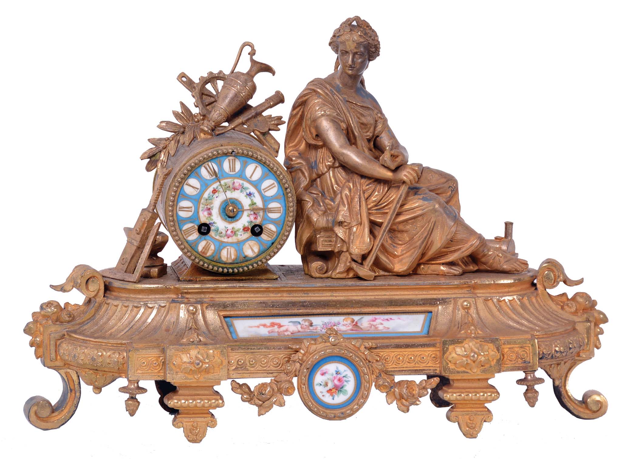 Japy Freres, Paris, France, figural mantel clock, 8 day time and strike, count wheel and bell, spring driven movement with floral themed ceramic dial and insets in a gilt spelter case featuring a seated female figure surrounded by symbols of art and science including a pitcher, gear, paintbrush &amp; pallet, books, steam engine, anvil, spyglass, and square. — Antique Clocks Price Guide