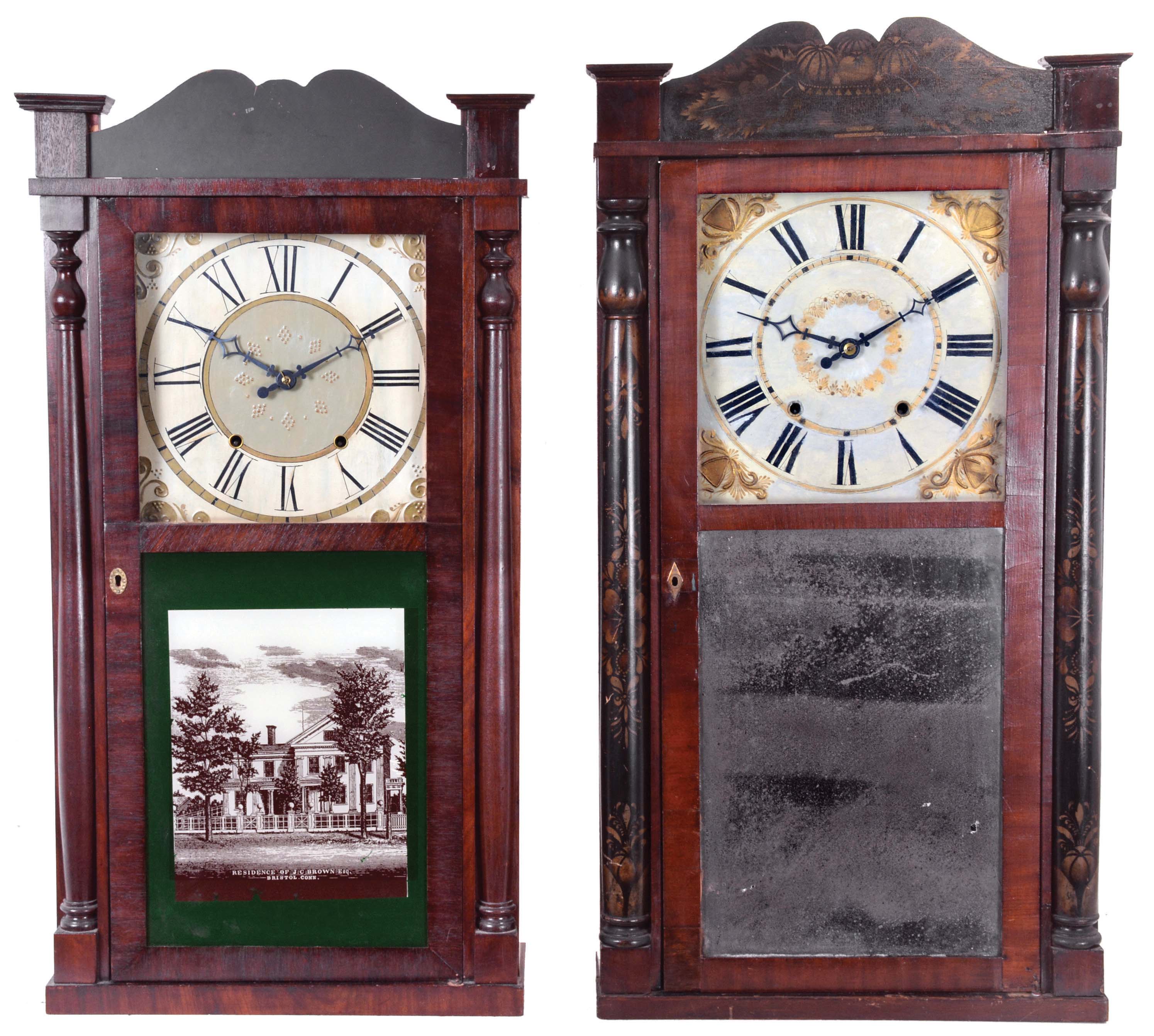 Clocks- 2 (Two): (1) Jeromes &amp; Darrow, Bristol, Conn., 30 hour, time and strike weight wood movement half column &amp; splat shelf clock, c1830; (2) Daniel Pratt, Jr., Reading, Mass., 30 hour, time and strike weight wood movement half clock and splat shelf clock, c1838 — Antique Clocks Price Guide