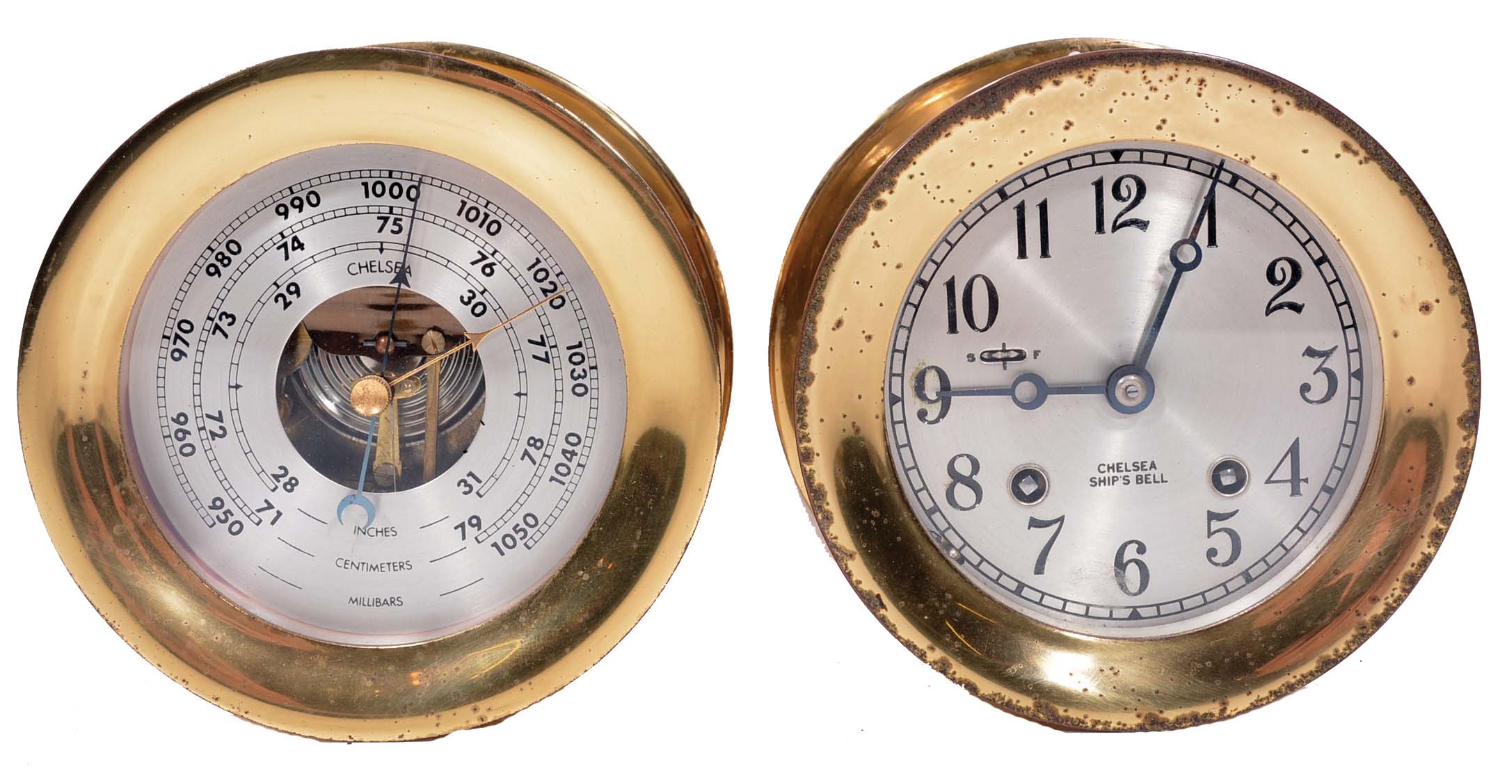 Chelsea Clock Co., Boston, Mass., "Chelsea" matching clock and barometer set, brass case "ship's bell" marine clock with 4" silvered dial, serial #783834 — Antique Clocks Price Guide