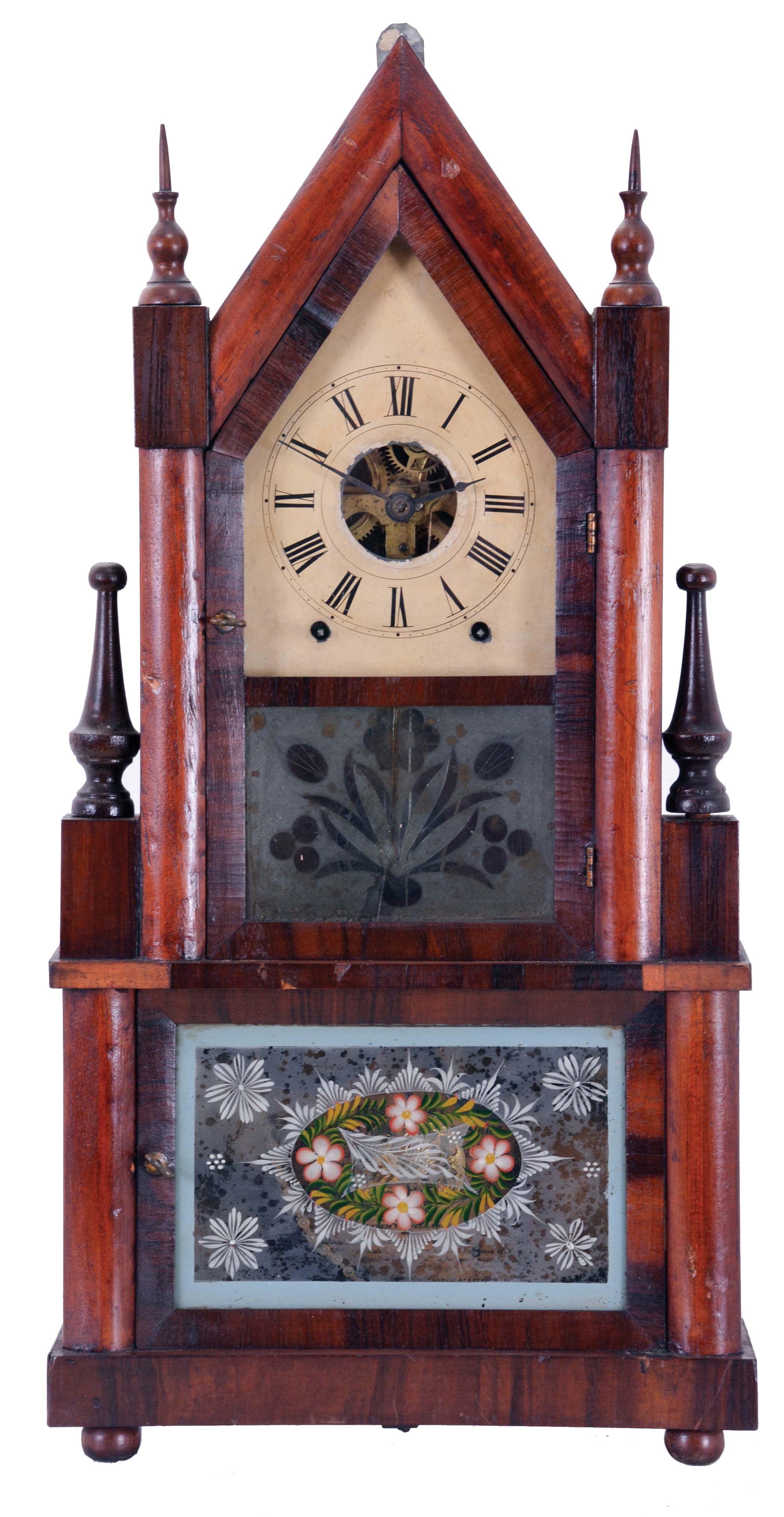 Birge &amp; Fuller, Bristol, Conn., Sharp Gothic, steeple on frame shelf clock with 8 day, time and strike wagon spring driven movement. — Antique Clocks Price Guide