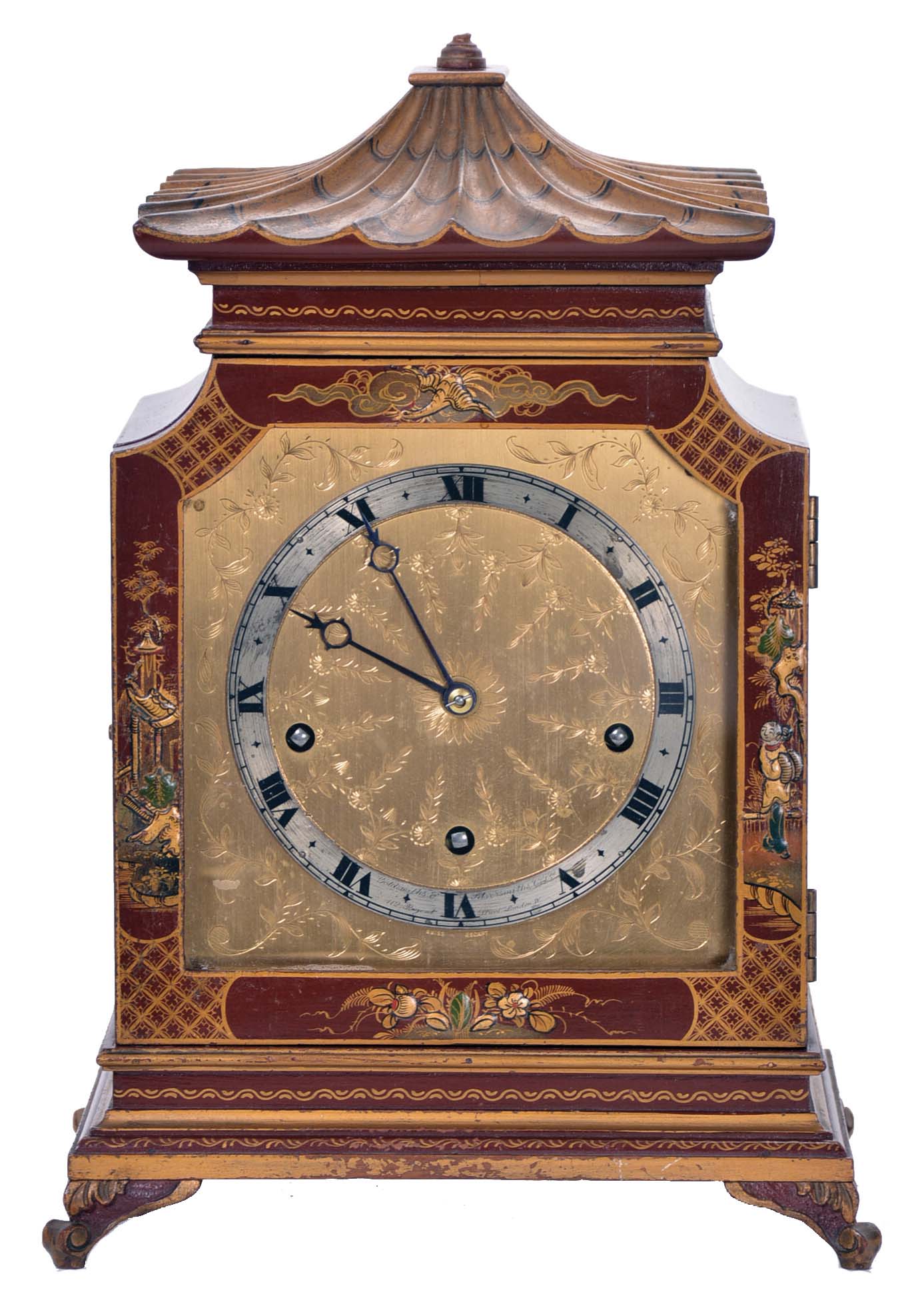 English, 8 day, time and strike spring driven, three train lever movement Westminster chime mantel clock in an Oriental-style gold and red Chinoiserie decorated case. — Antique Clocks Price Guide