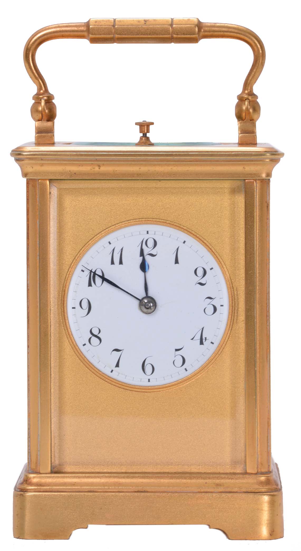 France, hour repeating carriage clock, glazed, gilt Corniche case Arabic numeral white enamel dial with matte, gilt mask, blued steel hands, 8 day, time and strike movement with lever platform, striking the hours and half hours in passing, and repeating the last hour on demand — Antique Clocks Price Guide