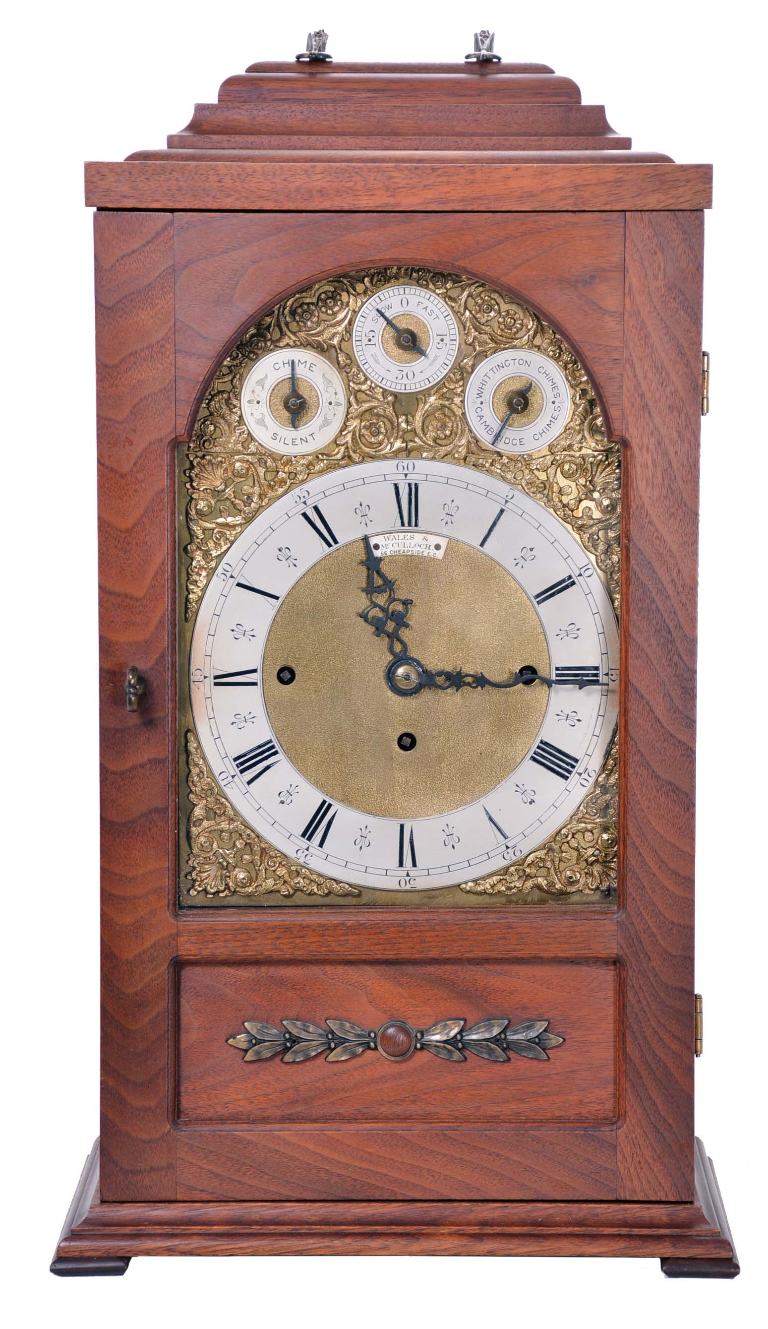 English, 8 day, time and strike three train 8 bell chiming bracket clock playing Whittington/Cambridge chimes. Retailed by Wales &amp; McCulloch, 56 Cheapside. E.C., now in a later case. — Antique Clocks Price Guide