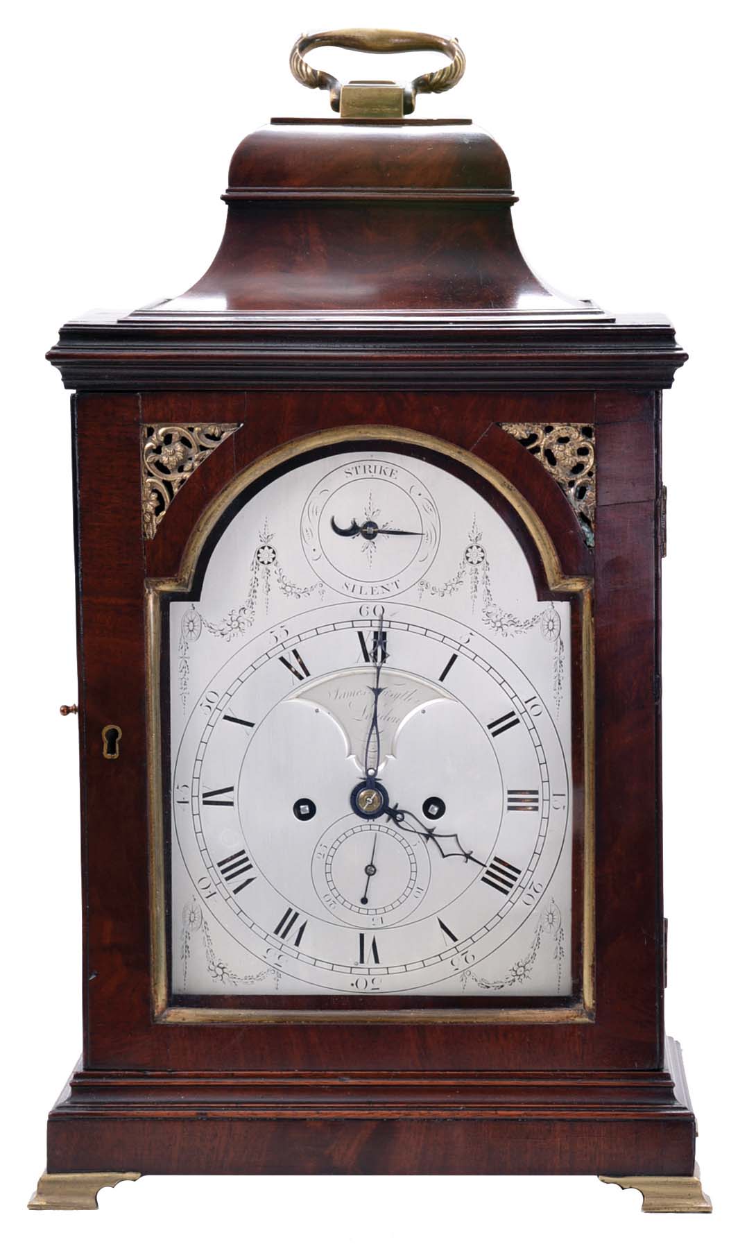England, James Forsythe London, 8 day, double fusee, time and strike bracket clock, in a mahogany bell top case and with subsidiary calendar dial above the numeral 6. — Antique Clocks Price Guide