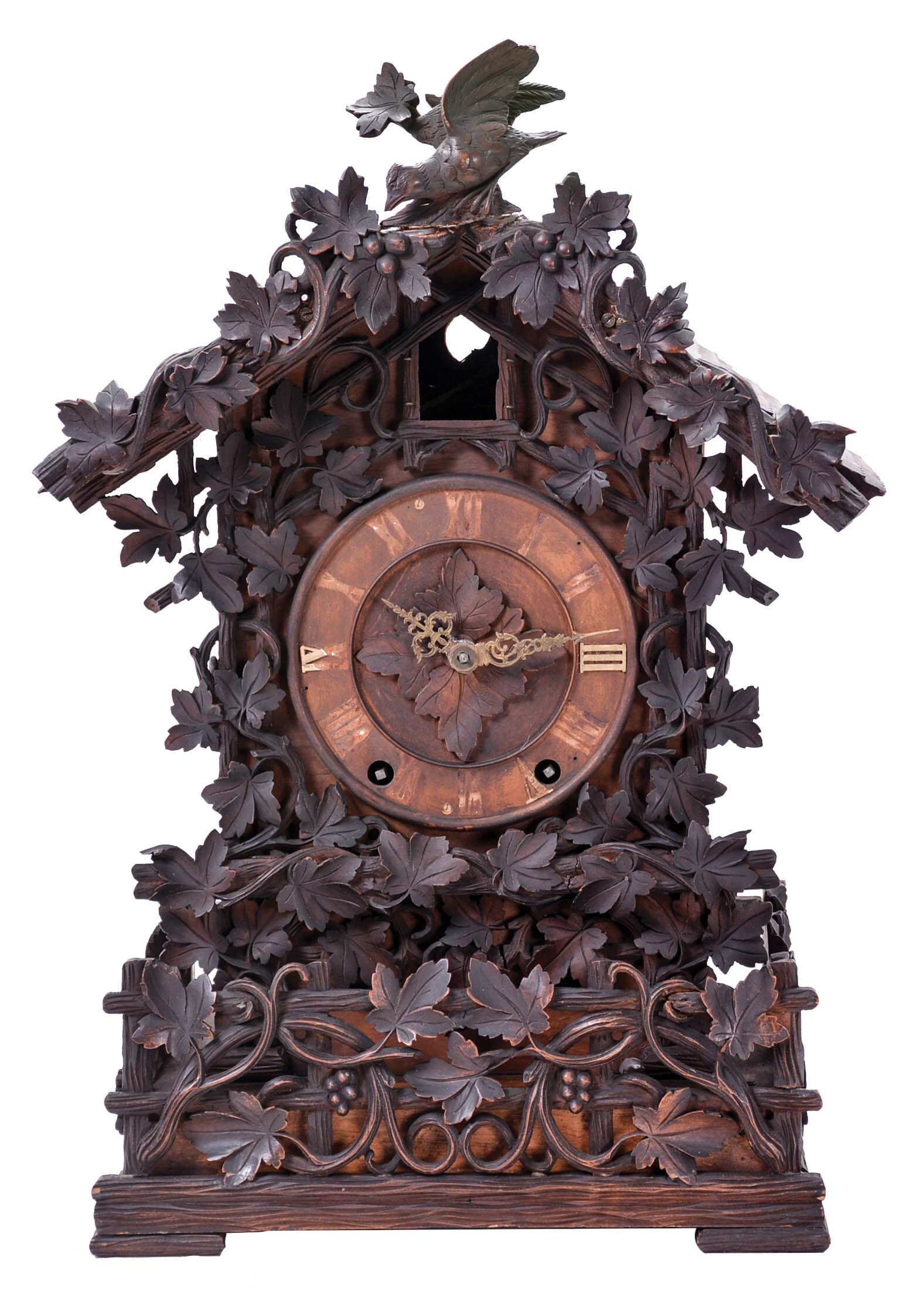 Germany, Johann Baptiste Beha, 8 day, time and strike spring driven, brass fusee movement shelf cuckoo. See Justin Miller's book, Appendix A, Beha Catalog 1895-1900, page 7, No. 512 — Antique Clocks Price Guide