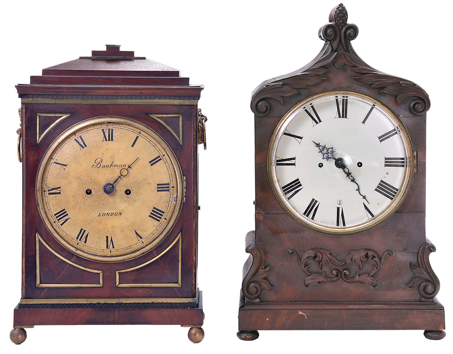 Clocks- 2 (Two): (1) English, walnut cased Regency bracket clock, 8 day, time and strike double fusee brass movement, dial signed Bankman, London, c1830; (2) English, 8 day, time and strike double fusee brass movement bracket clock, c1860 — Antique Clocks Price Guide