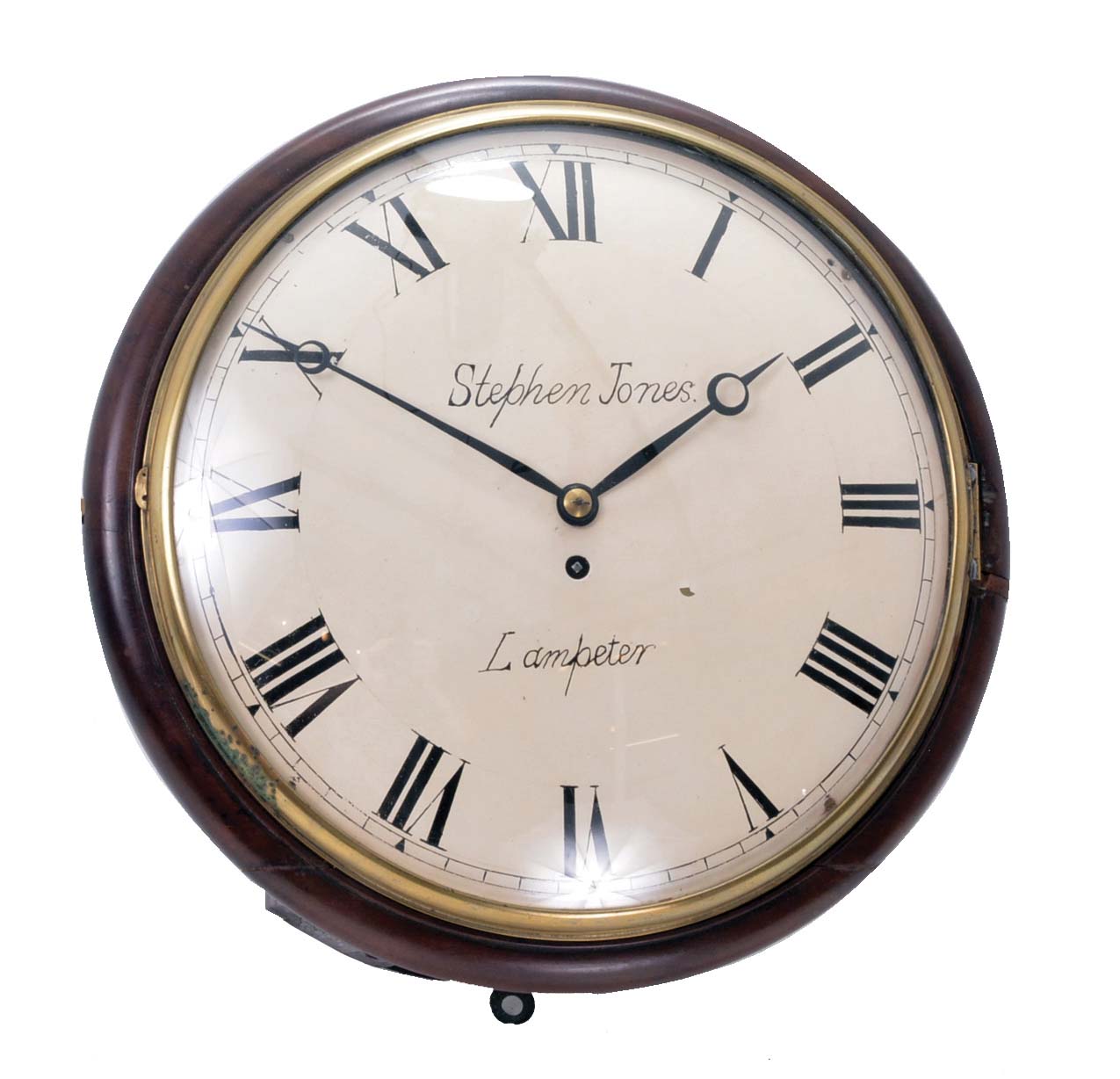 Clocks- 3 (Three) English &amp; Anglo-American: (1) English, 8 day time only dial clock with robust spring driven movement fusee movement in a walnut case with painted metal dial signed "Stephen Jones, Lampeter" (Wales) ; (2) Anglo-American, 8 day time and strike, spring driven movement in a carved walnut case; (3) Anglo-American, 8 day time and strike, spring driven movement in a rosewood veneer case. — Antique Clocks Price Guide