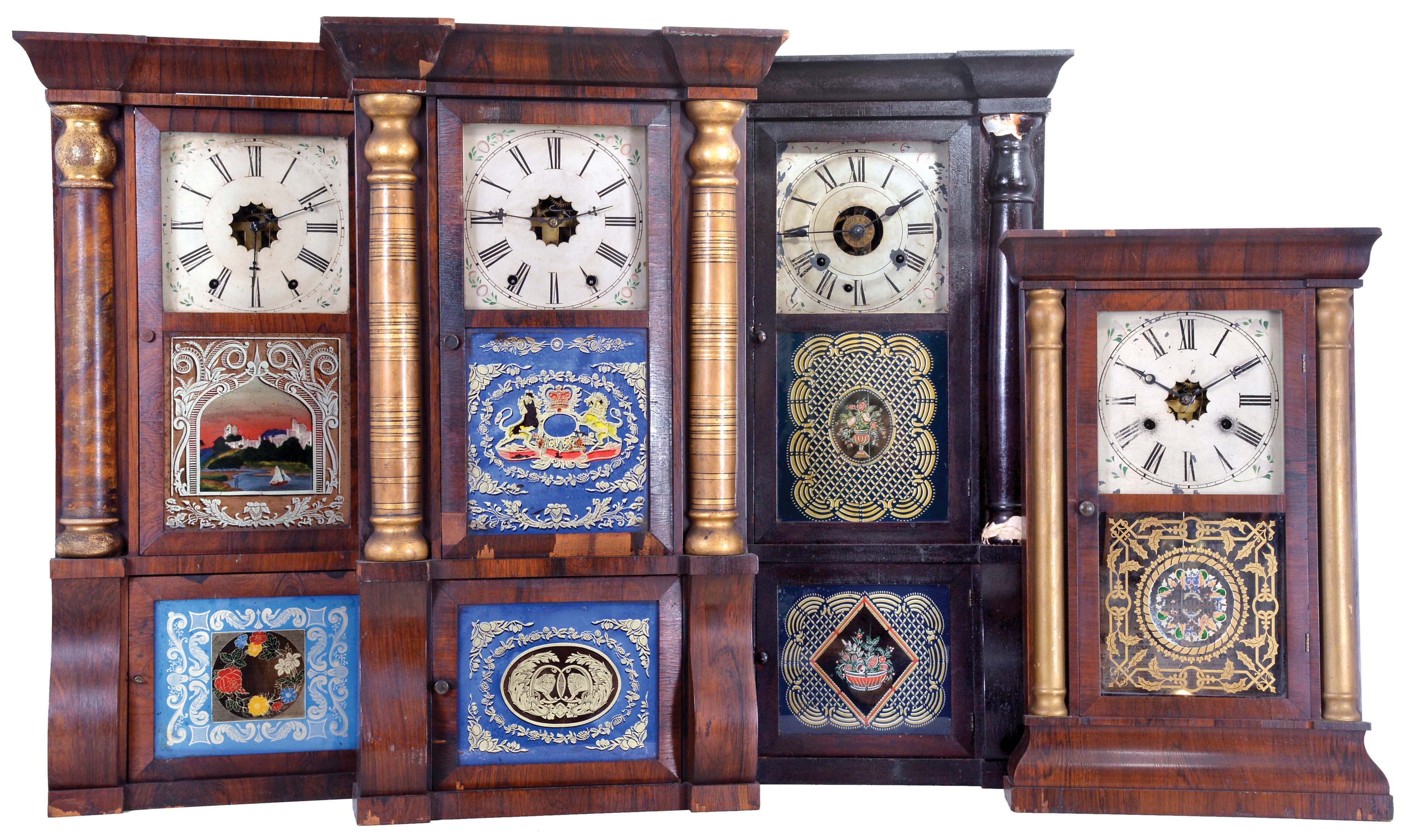 Clocks- 4 (Four) (1) Wm. L. Gilbert &amp; Co., Winsted, Conn. Cornice and Column shelf clock with a weight driven 8 day, time and strike movement in a rosewood veneered case, c1865; (2) New Haven Clock Co., New Haven, Conn. Cornice and Column shelf clock with a weight driven 30 hour time and strike movement in a rosewood veneered case with gilt columns, c. 1865; (3) Wm. L. Gilbert &amp; Co., Winsted, Conn. Cornice and Column shelf clock with a weight driven 8 day, time and strike movement in a rosewood veneered case, c1865; (4) Seth Thomas, Plymouth Hollow, Conn. Cornice and Column shelf clock with a weight driven 8 day time, strike and alarm movement in a rosewood veneered case, c1860. — Antique Clocks Price Guide