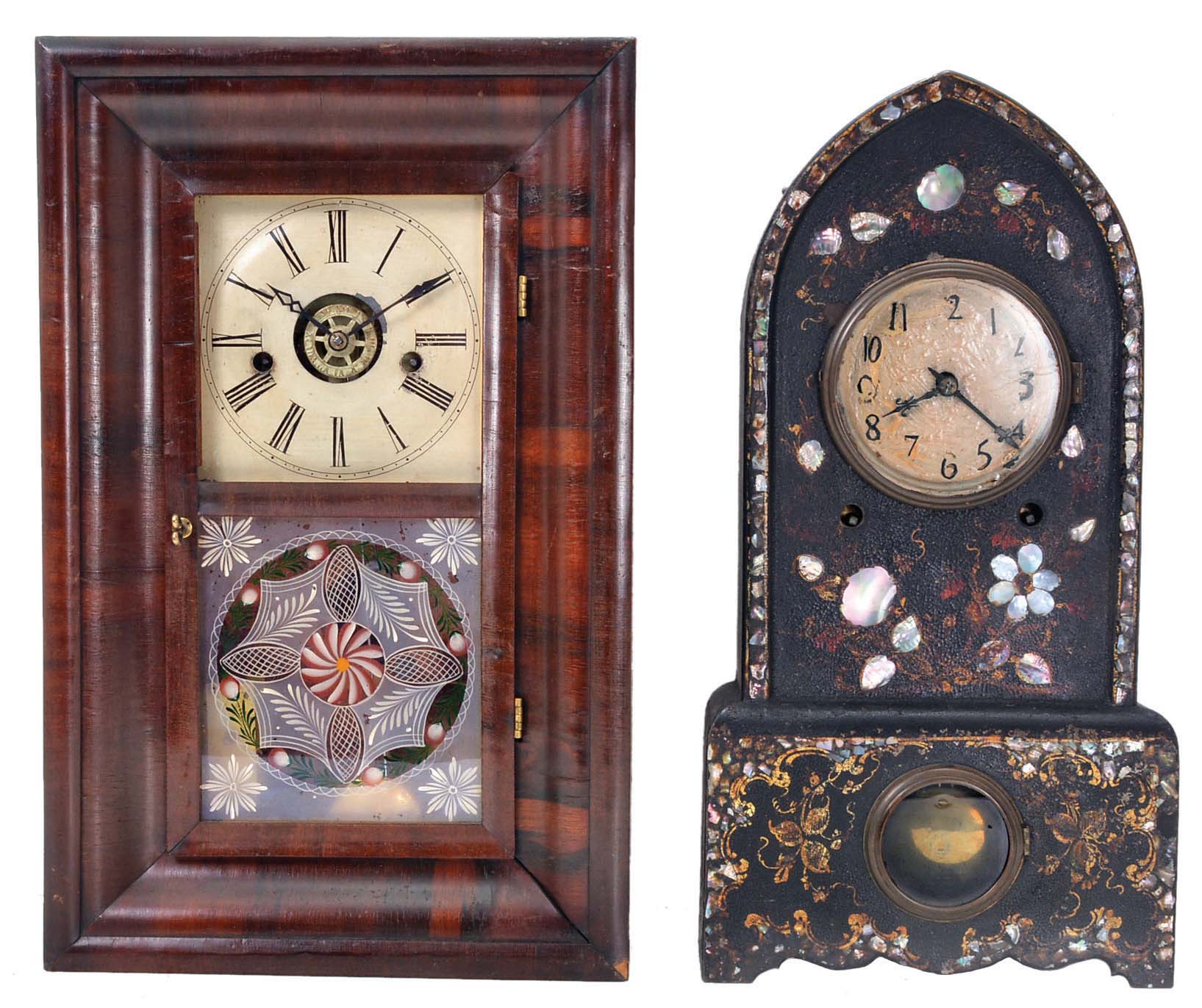 Clocks- 2 (Two): (1) American iron cased shelf clock with gold ornamentation on a japanned base and mother of pearl inlay with an 8 day spring driven time and strike movement by Miles Morse, Jr., Plymouth Hollow, Conn., c1852; (2) Elisha Manross, Bristol, Conn miniature OOG shelf clock with a 30 hour spring driven time, strike and alarm movement in a rosewood veneered case with a Wm. B. Fenn tablet, c1845. — Antique Clocks Price Guide