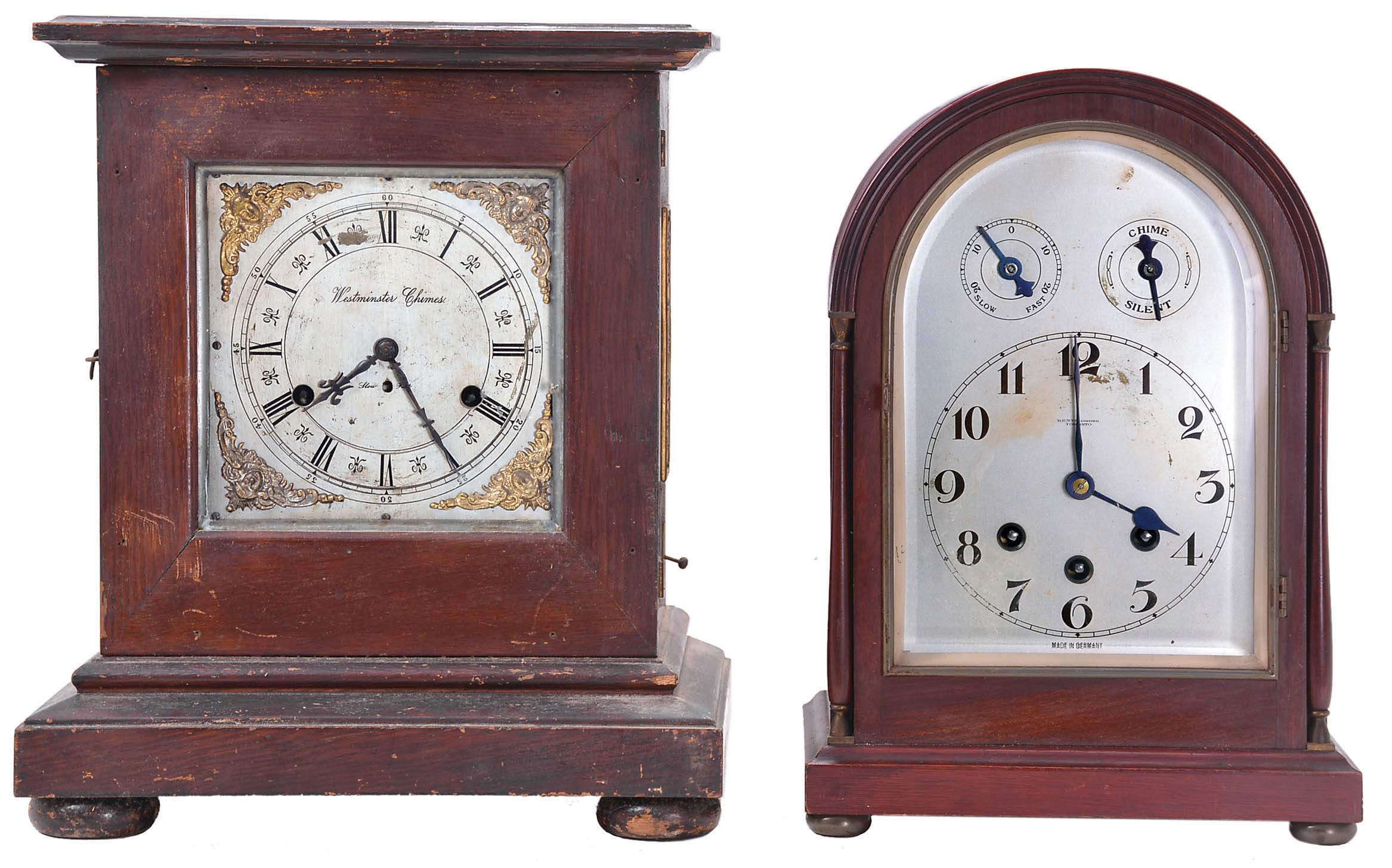 Clocks- 3 (Three) German Bracket: (1) German for Kents' Limited, Toronto, bracket clock, 8 day, time &amp; Westminster chime in round top mahogany case with subsidiary indicators for chime and fast/slow adjustment, c1910; (2) German, bracket clock, 8 day, time &amp; Westminster chime playing on coiled gongs by a second spring driven movement in an oak case, c1910; (3) German, carriage clock, 8 day time only movement with enamel cartouche numerals in the style of a late 16th century clock. — Antique Clocks Price Guide