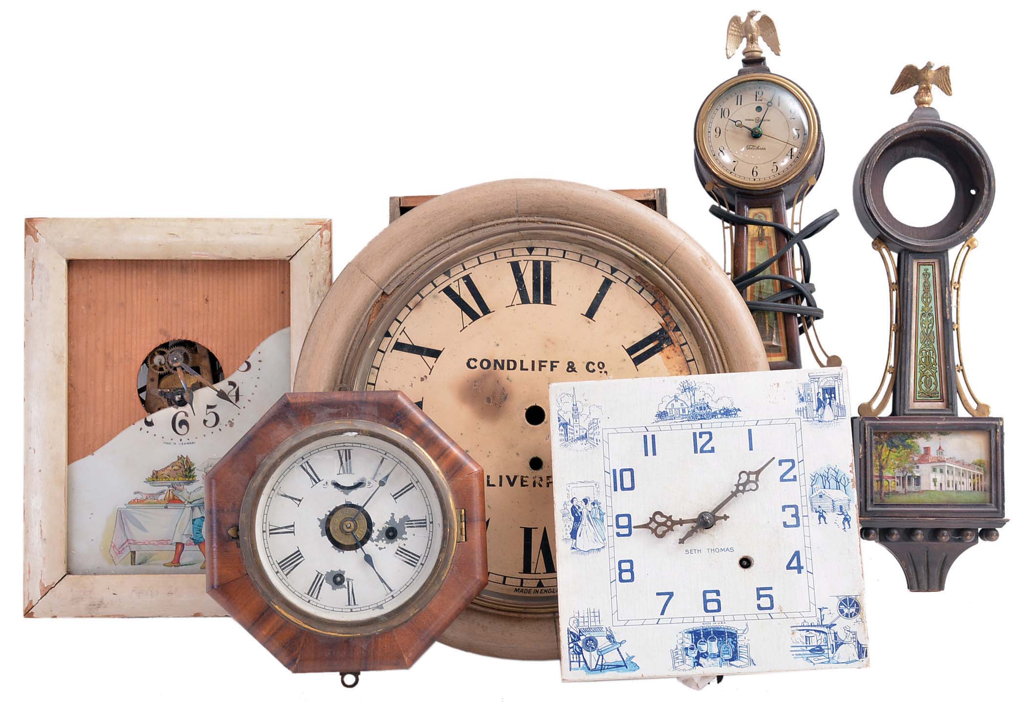 Clocks- 15 (Fifteen) and 5 (Five) case only, all wall hanging: 8 (Eight) short drop octagon including a New Haven with rosewood veneer, Ansonia "Regulator A", Russel &amp; Jones, Pittsfield, Mass. (successors to Terry Clock Co.) hanging gingerbread in oak with alarm, New Haven marine octagon, partial banjo case with Waltham movement also including three banjo case only, miniature banjo case only and a gallery clock case only — Antique Clocks Price Guide