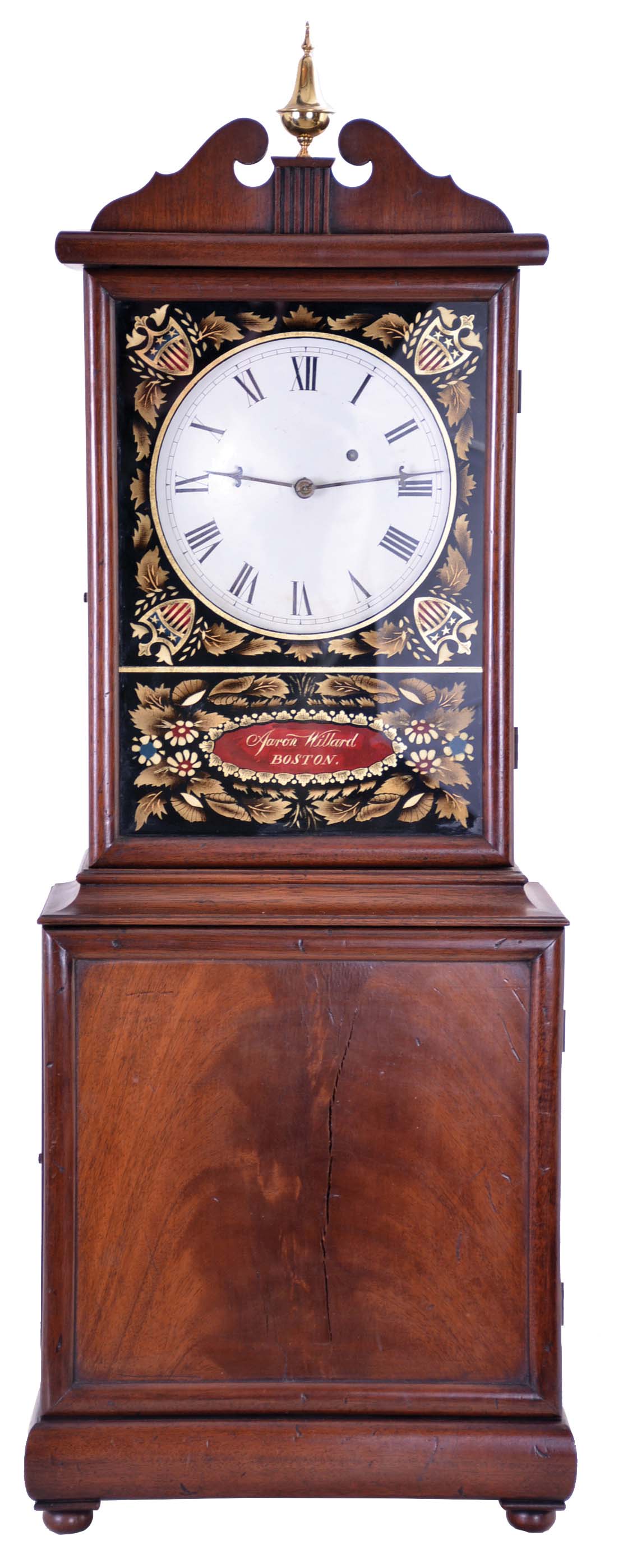 Reproduction, 8 day, weight driven, brass movement Aaron Willard, Massachusetts shelf clock. The maker of this timepiece is unknown. — Antique Clocks Price Guide