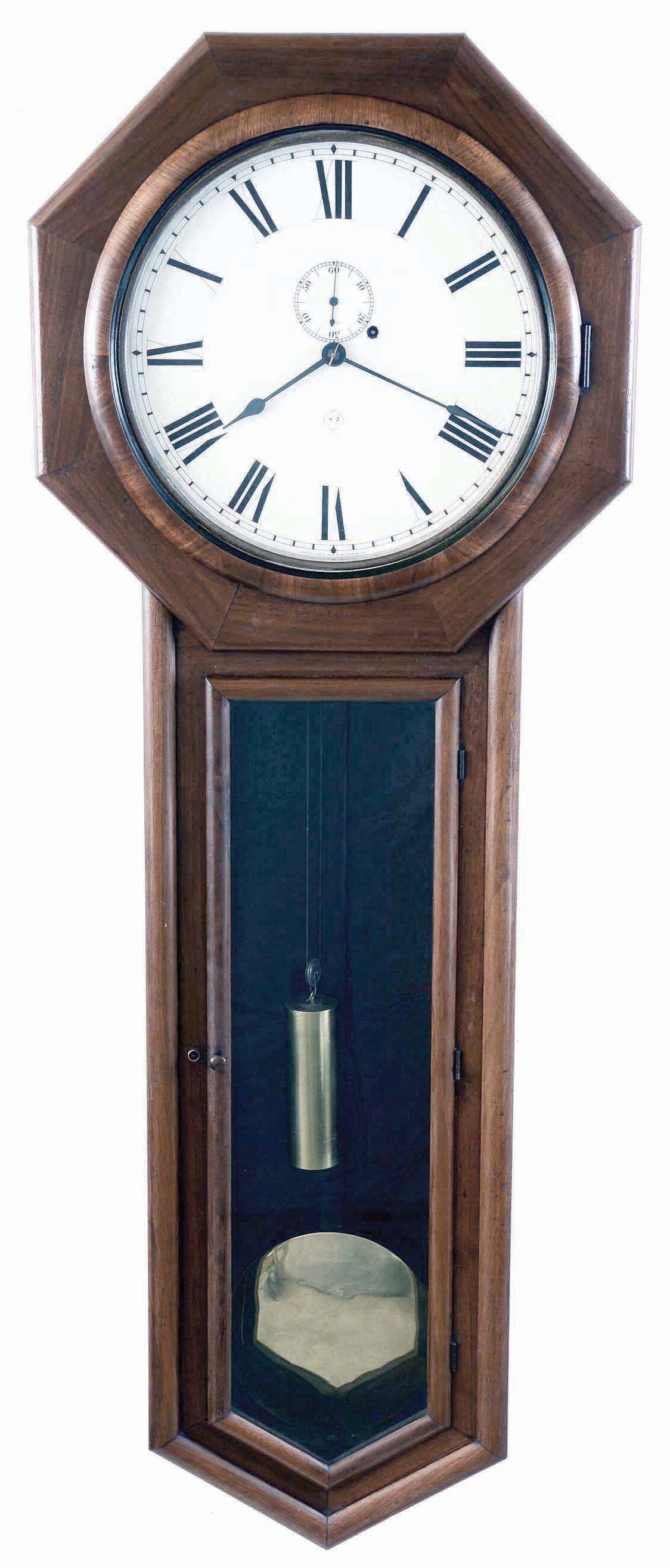 Seth Thomas Clock Co., Thomaston, Conn., "Regulator No. 18", 8 day, weight driven, brass movement wall timepiece. This clock came from a home in Scotland. — Antique Clocks Price Guide