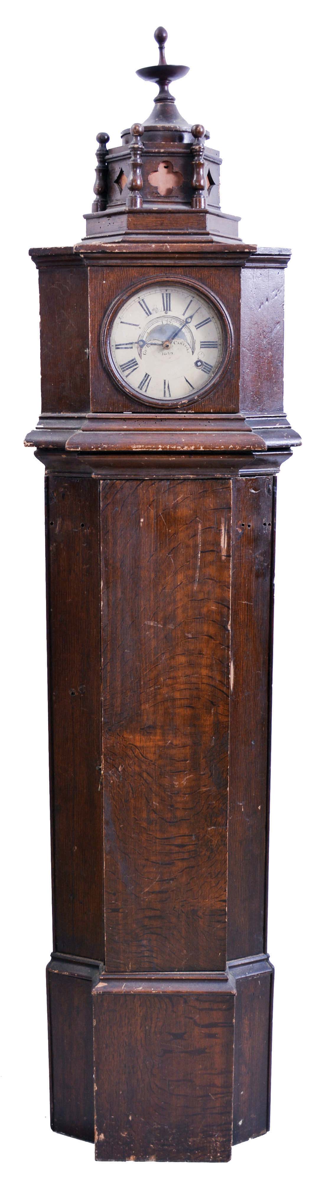 George Cox, Carlisle, England dwarf tall clock, 8 day, time only, weight driven brass movement in a grain painted soft wood rectilinear continental case with domed top and a painted metal dial with maker's signature and date of "1839" — Antique Clocks Price Guide