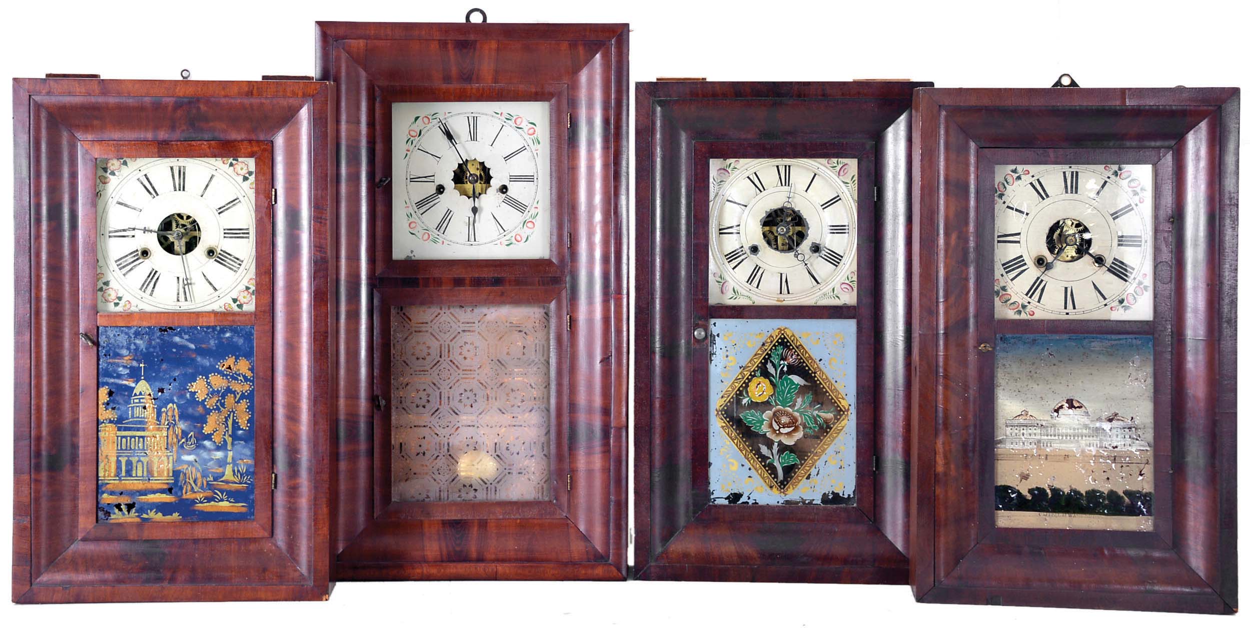 Clocks- 4 (Four): (1) Seth Thomas, Plymouth Hollow, Conn., OG shelf clock with a 30 hour weight driven time and strike movement in a mahogany veneered case, c1850; (2) E. N. Welch, Forestville, Conn., OOG shelf clock with an eight day weight driven time and strike brass movement in a mahogany veneered case, c1880; (3) Union Manufacturing Co., Bristol, Conn., OG shelf clock with a 30 hour weight driven time and strike movement in a mahogany veneered case, c1845; (4) R. Blakeslee Jr., Plymouth, Conn., OG shelf clock with a 30 hour weight driven time and strike brass movement (with Davies 1846 Patent Lever movement) in a mahogany veneered case, c1848. — Antique Clocks Price Guide