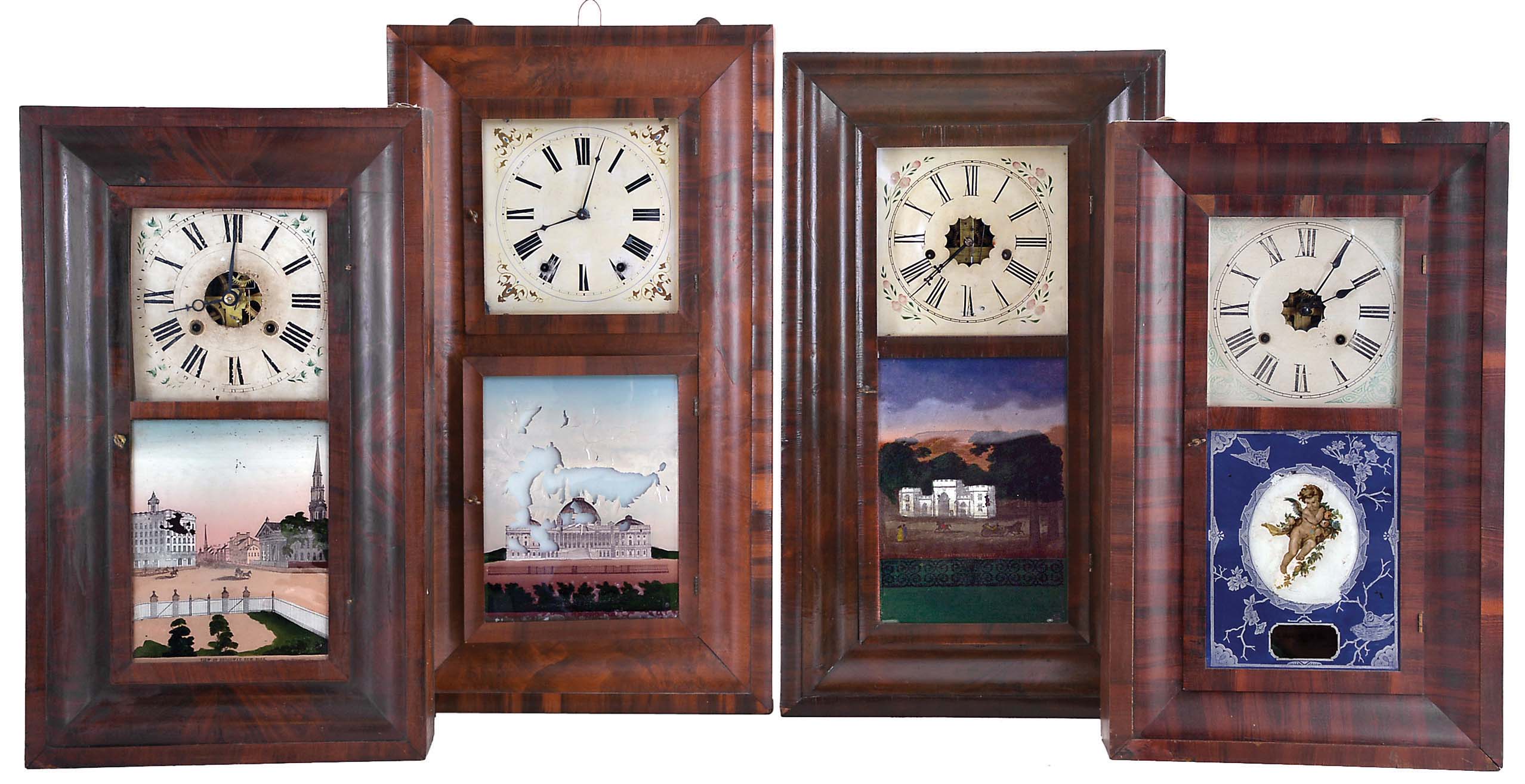 Clocks- 4 (Four): (1) Ansonia Clock Co., New York, NY, 30 hour, time and strike, weight driven brass movement OG shelf clock, c1850; (2) Sperry &amp; Shaw, New York, New York, 30 hour, time and strike, weight driven brass movement OG shelf clock, c1845; (3) E. N. Welch, Forestville, Conn., 8 day, time and strike, weight driven brass movement OOG shelf clock, c1860; (4) Chauncey Jerome, New Haven, Conn., 8 day, time and strike, weight driven brass movement OOG shelf clock, c1850 — Antique Clocks Price Guide