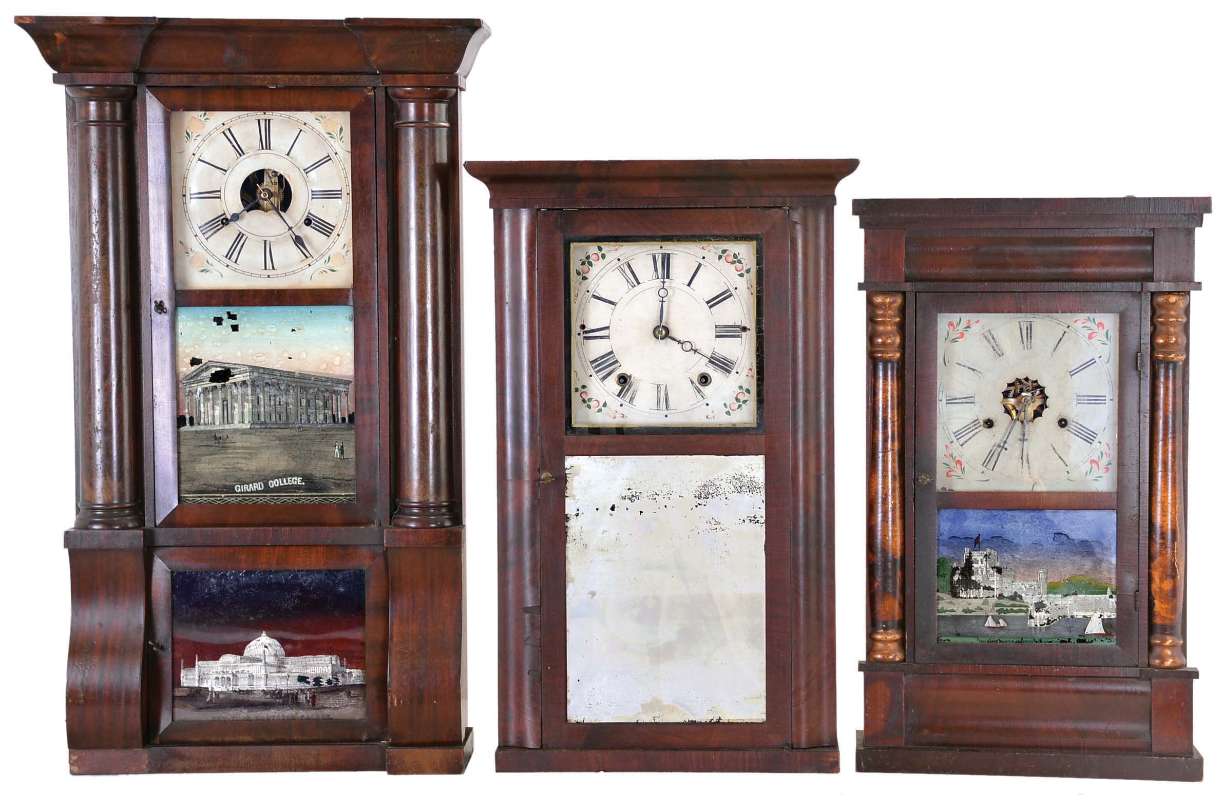 Clocks- 3 (Three): (1) Jonathan Frost, Reading, Mass., 30 hour, time and strike weight wood movement OG side and cornice top shelf clock, c1830; (2) Jerome &amp; Co. (New Haven Clock Co.), New Haven, Conn., 30 hour, time and strike, weight driven brass movement column clock, c1865; (3) Birge, Peck &amp; Co., Bristol, Conn., 8 day, time and strike, weight driven brass movement column &amp; cornice shelf clock, c1850 — Antique Clocks Price Guide