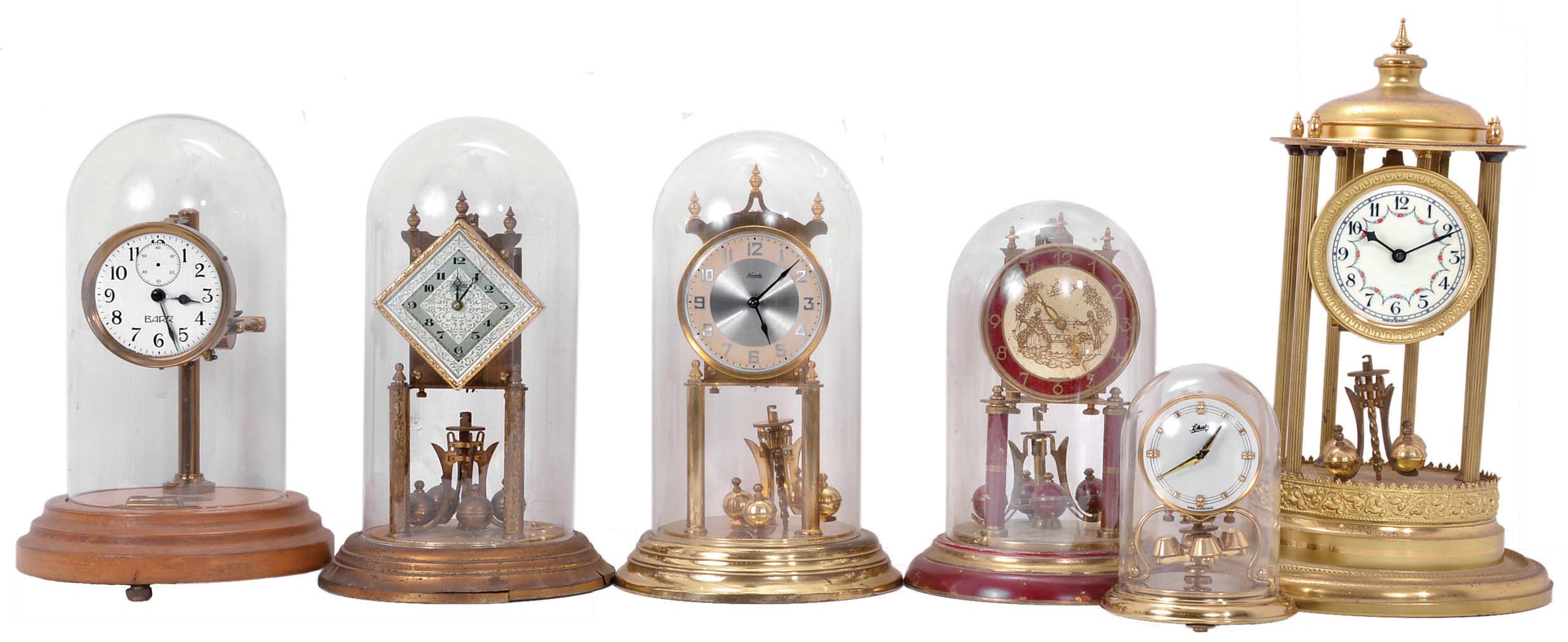 Clocks- 12 (twelve) German 400-day mantel and 1 (one) Barr electro-mechanical clock under glass dome. The standout clock is the c. 1900 400-day clock with disc pendulum. — Antique Clocks Price Guide
