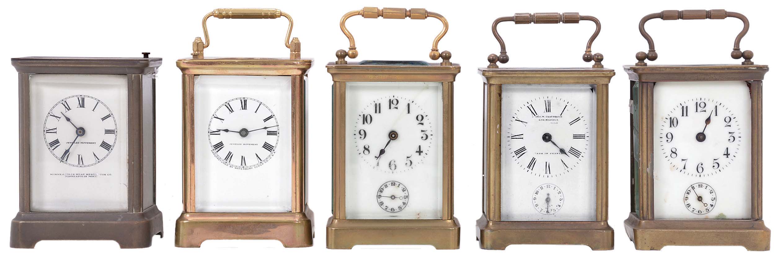 Clocks- 5 (Five): 3 (Three) French time, strike and alarm carriage clocks, one signed "Geo. W. Chatterton, Springfield Ills" and 2 (Two) Waterbury time and strike repeating carriage clocks, one with alarm and one signed "Minneapolis Heat Regulator Co., Minneapolis, Minn." — Antique Clocks Price Guide