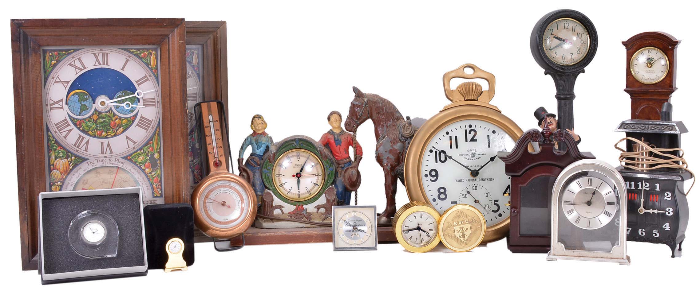Clocks- 30 (Thirty) novelty and desk clocks and clock related items. Lot includes Bugs Bunny and Raggedy Ann talking alarm clocks, vintage electric clocks including planters clock, a modern watch hutch, and 2 (Two) Lux miniature cuckoo clocks. The standout item is the "Ignatz" reproduction flying pendulum clock by the Horolovar Clock Co. with its original box. — Antique Clocks Price Guide