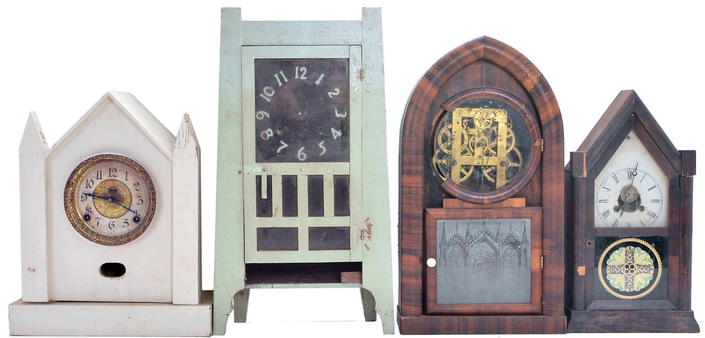 Clocks- 13 (Thirteen) assorted mantel clocks including steeples, cabinet, beehive, by Ansonia, Jerome &amp; Co., Waterbury, Manross, Atkins, Ingraham, Terry &amp; Andrews. Among the clocks is an early iron front, c. 1850, and a "Column" by Seth Thomas. — Antique Clocks Price Guide