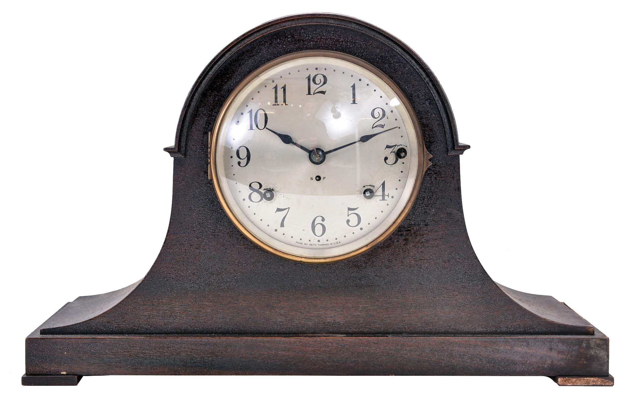 Clocks- 10 (Ten) tambour: 8 (Eight) 8 day, spring driven, chiming tambour clocks and 2 (Two) time and strike, 8 day, spring driven tambour clocks: makers include Seth Thomas and New Haven. The standouts are a Seth Thomas "Sonora" chime clock (on rods) and a Seth Thomas with a gold colored dial and applied letters. — Antique Clocks Price Guide