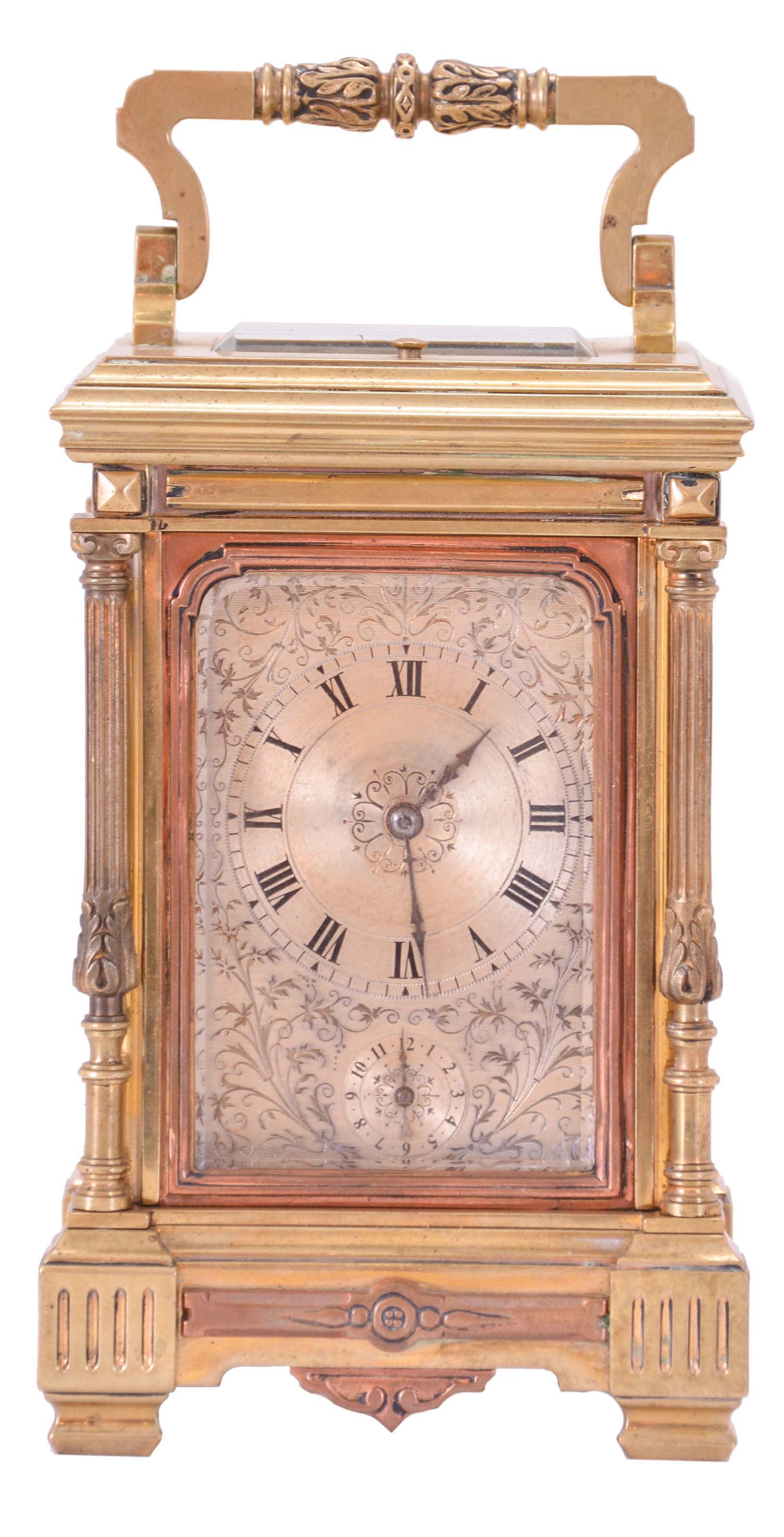 France, hour repeating carriage clock with alarm, glazed, ornate "pillars" style variant case, Roman numeral silver dial with subsidiary alarm chapter, decorated with engine turning and foliate engraving, blued steel distaff style hands, 8 day movement with lever platform, striking the hour and half hour in passing, and repeating the last hour on demand — Antique Clocks Price Guide