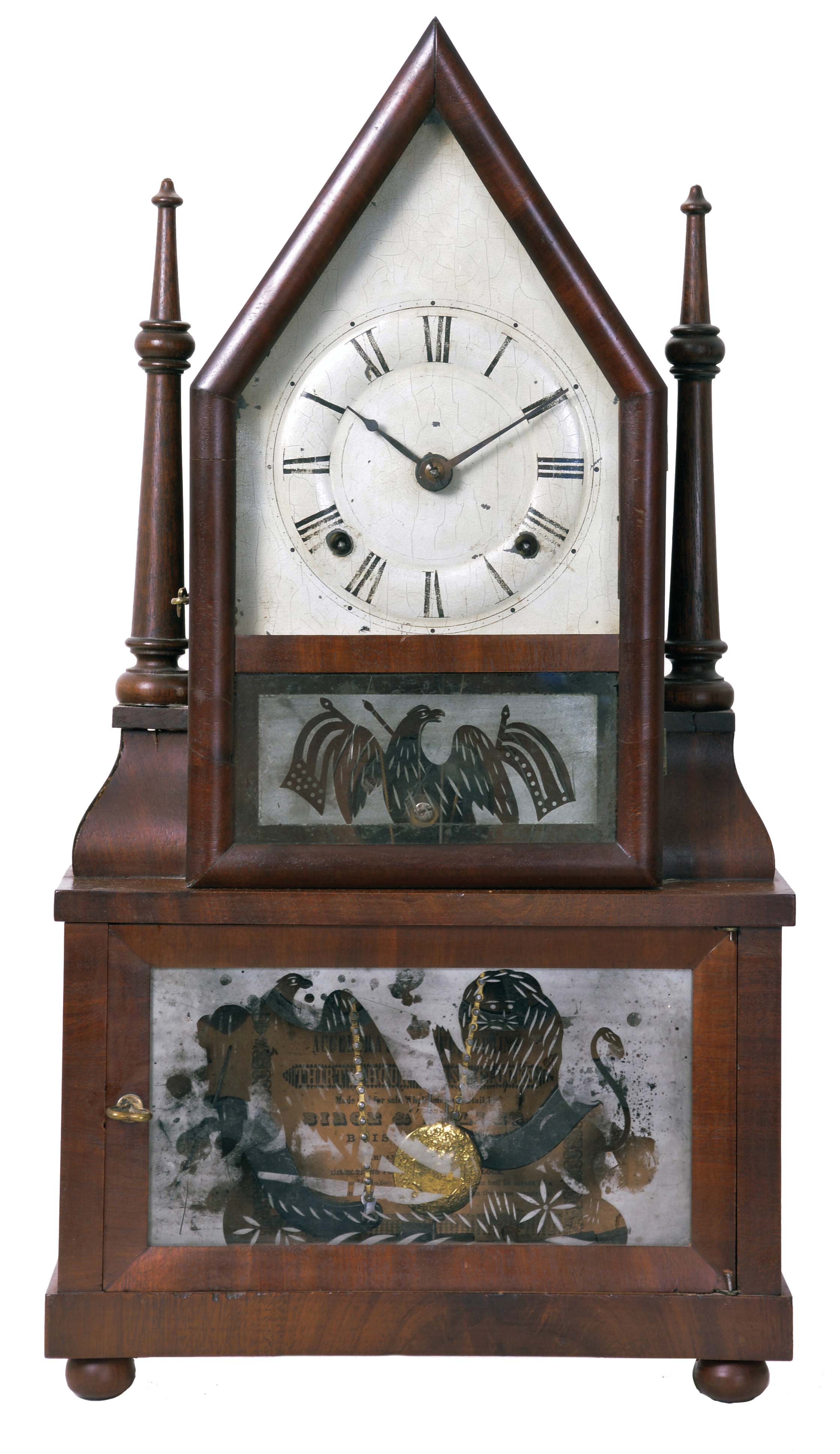 Birge &amp; Fuller, Bristol, Conn. 30 hour, time and strike spring wagon spring miniature steeple on frame with single candle finials. — Antique Clocks Price Guide