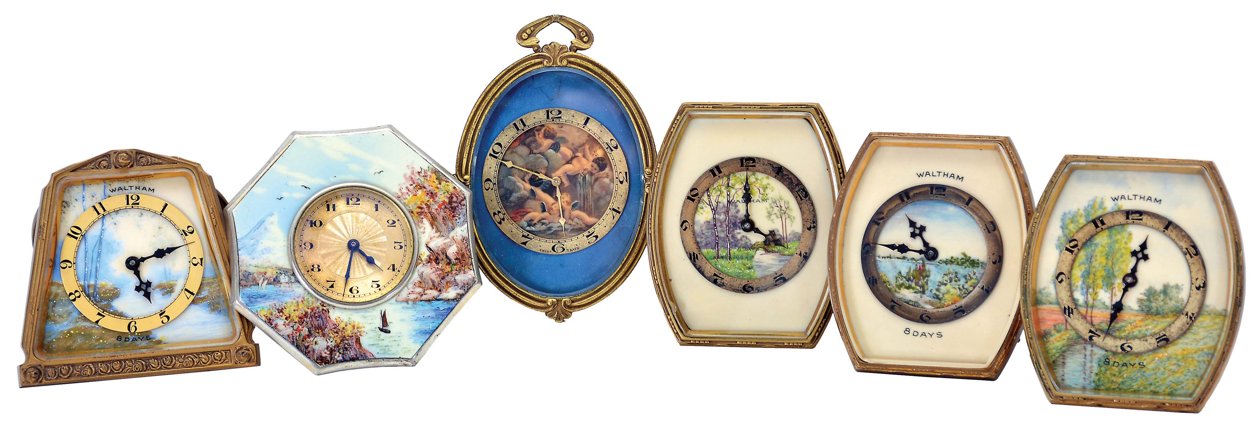 Clocks- 6 (Six): Four 8 day by Waltham with landscape painted dials and easel backs, a "Quintonware" with polychrome enamel decoration and easel back, and a hanging clock, gilt oval case, dial with painted scene including six putto, 8 day timepiece movement, all 20th century, oval clock dimensions listed — Antique Clocks Price Guide