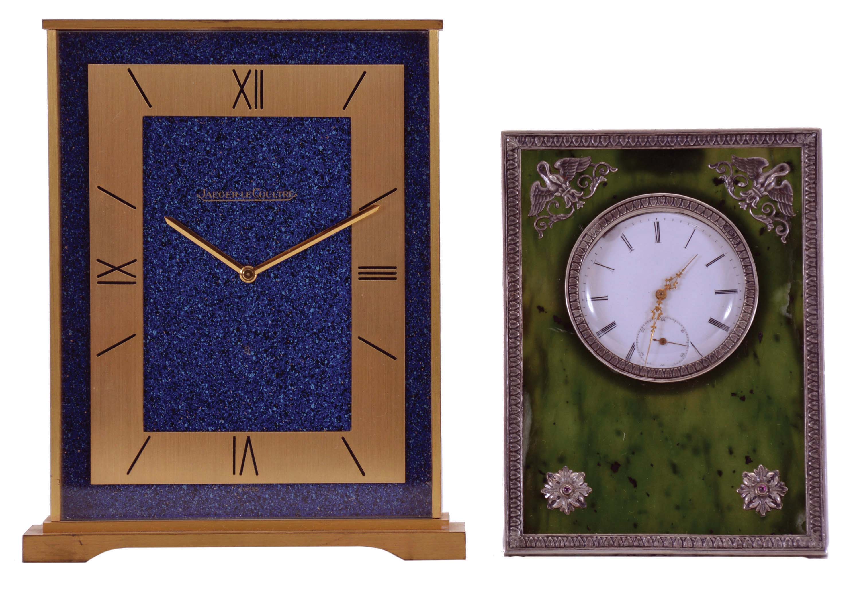 Clocks- 2 (Two): Jaeger - LeCoultre, Switzerland, desk clock with rectangular gilt case, Roman numeral faux lapis lazuli dial, gold baton hands, 8 day timepiece movement, together with a silver mounted green agate desk clock with Roman numeral white enamel dial and 30 hour timepiece movement, both 20th century, LeCoultre measurements listed — Antique Clocks Price Guide