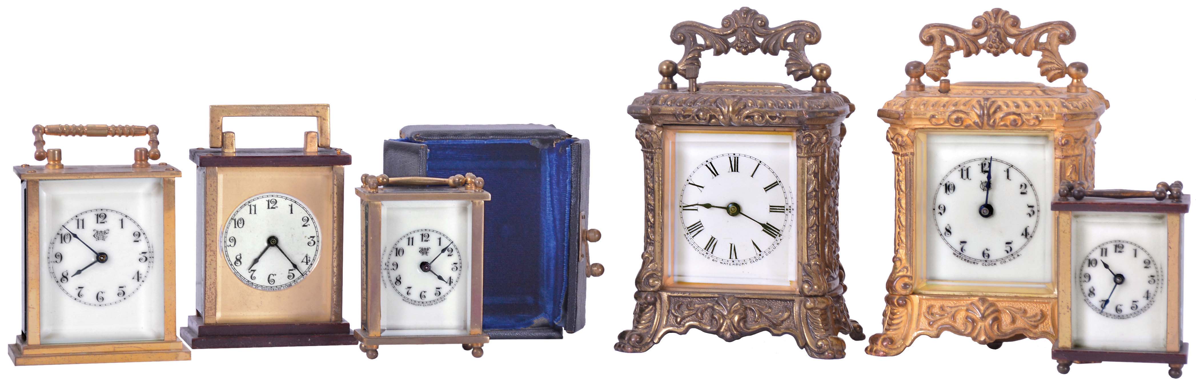 Carriage clocks- 6 (Six): All Waterbury, one with outer case, and two repeaters with fancy gilt cases — Antique Clocks Price Guide