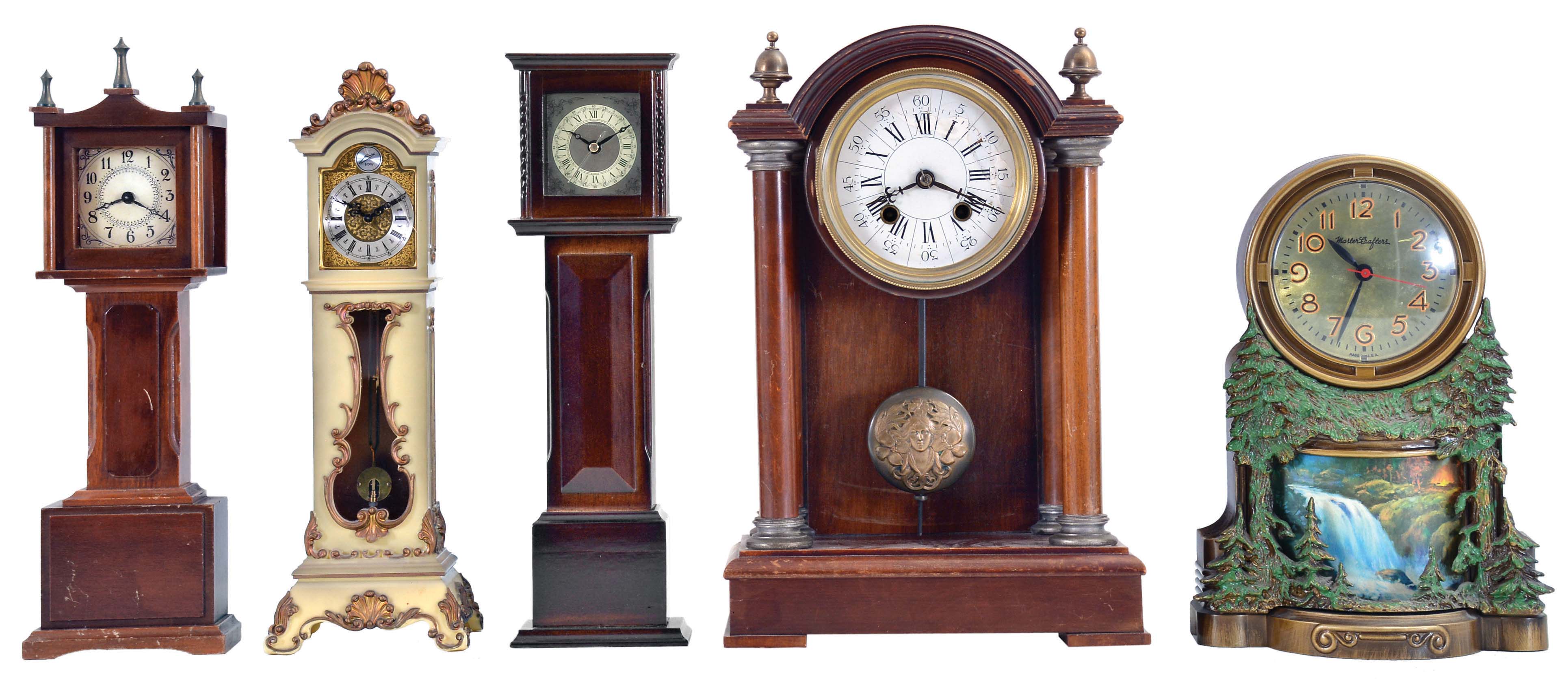 Clocks- 5 (Five): including a French mantel clock, a Mastercrafters electric waterfall clock, and three miniature tall clocks — Antique Clocks Price Guide