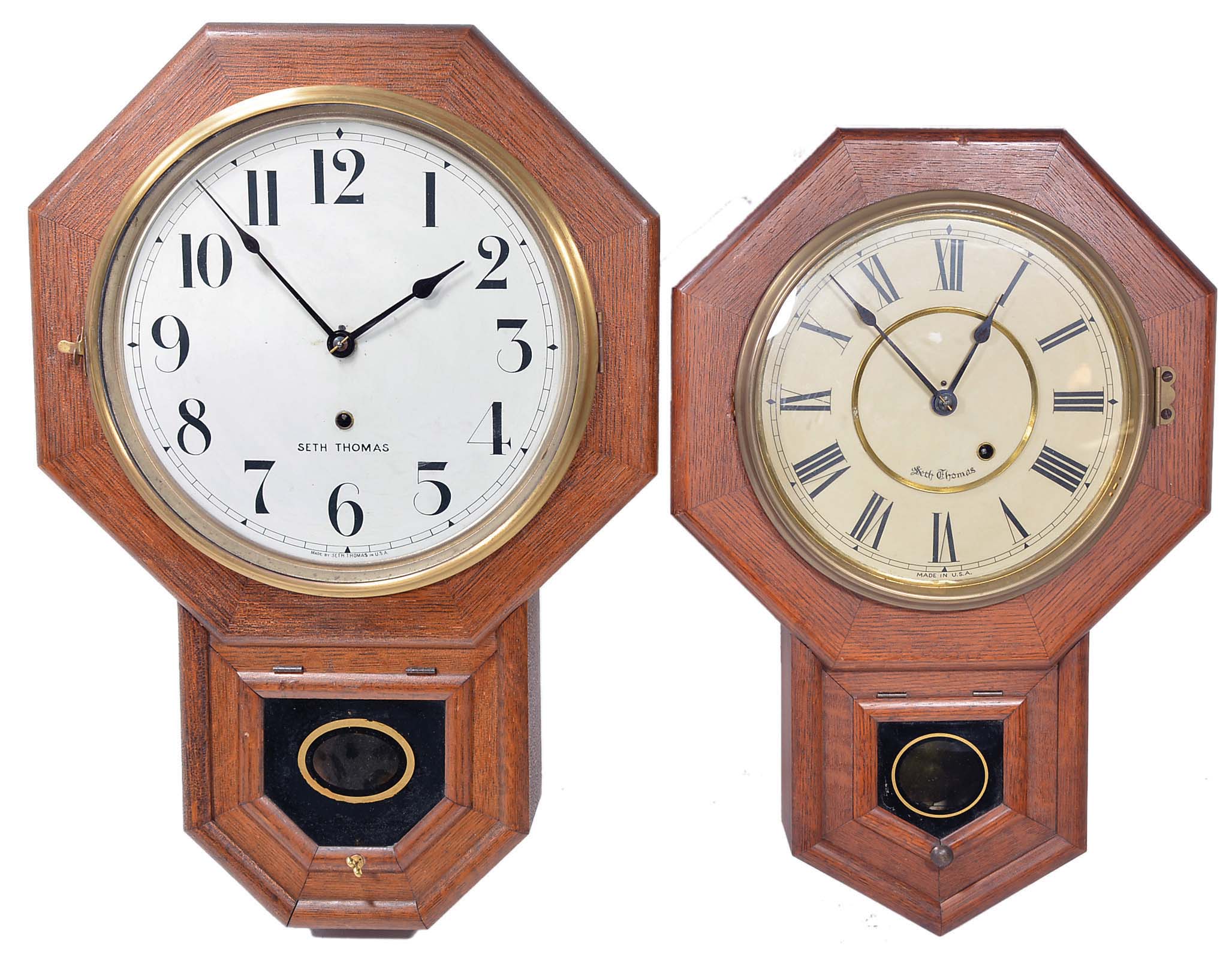 Clocks- 5 (Five) short drop spring driven wall clocks: (1) Ansonia, time only; (2) Waterbury, time only; (3) New Haven, time and strike; (4) Seth Thomas, time only; (5) Seth Thomas, time only — Antique Clocks Price Guide