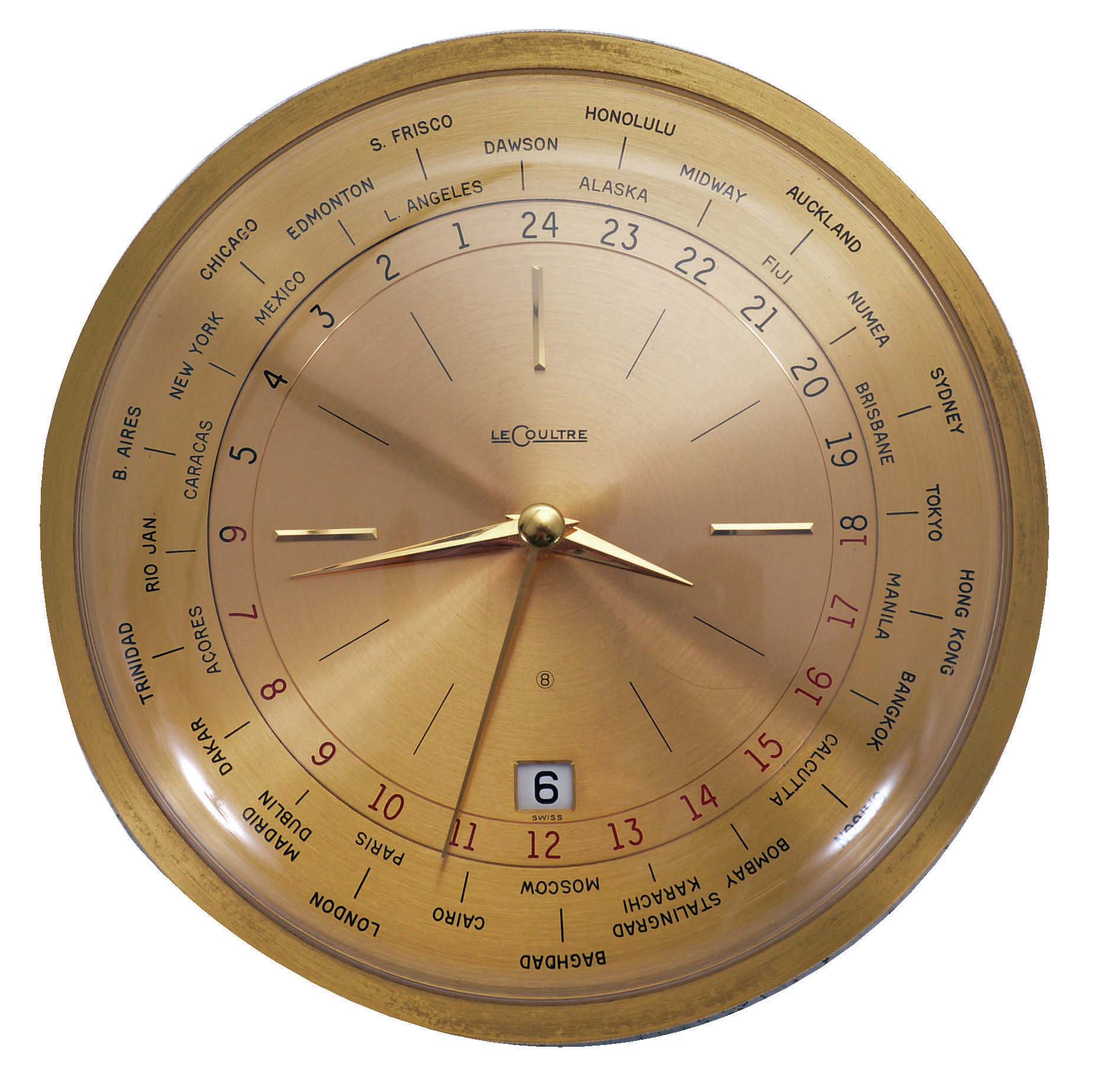Le Coultre &amp; Co., Switzerland, model 482 "World Time" desk clock, gilt case with convex glass, gilt dial with 34 cities around perimeter, and also with date display at 6:00, 8 day timepiece movement — Antique Clocks Price Guide