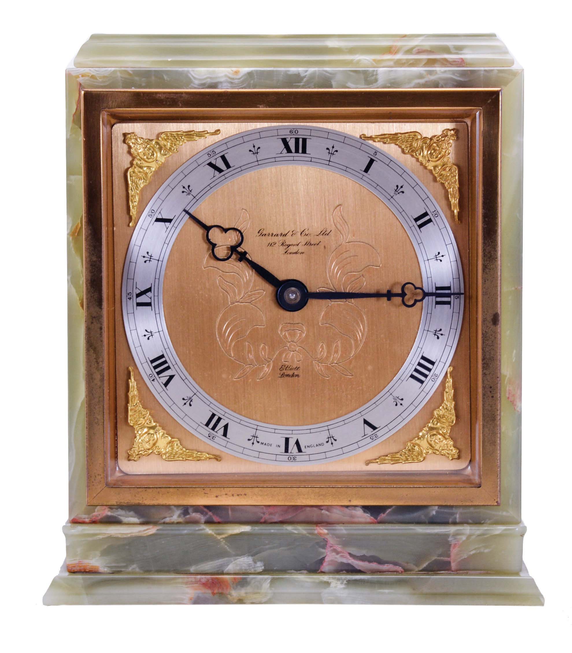 Elliott, London, for Garrard &amp; Co., Ltd., shelf clock, rectilinear green onyx case with gilt bezel, gilt composite dial, blued steel trefoil hands, 8 day timepiece movement with lever escapement — Antique Clocks Price Guide