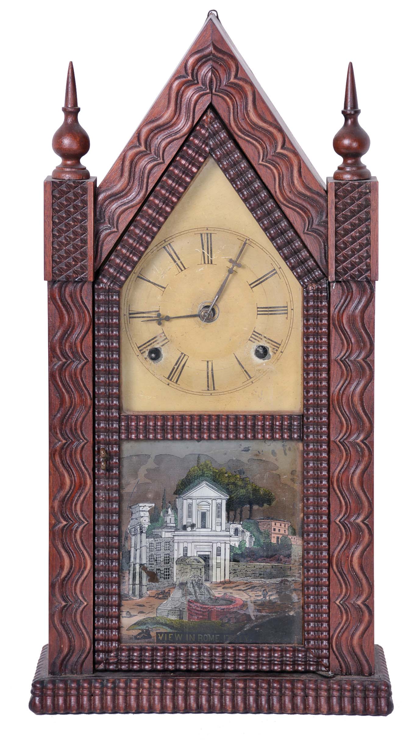 Brewster and Ingrahams, Bristol, Conn., 30 hour, time and strike spring driven movement sharp gothic or steeple clock, c1845, with later ripple moulding. — Antique Clocks Price Guide