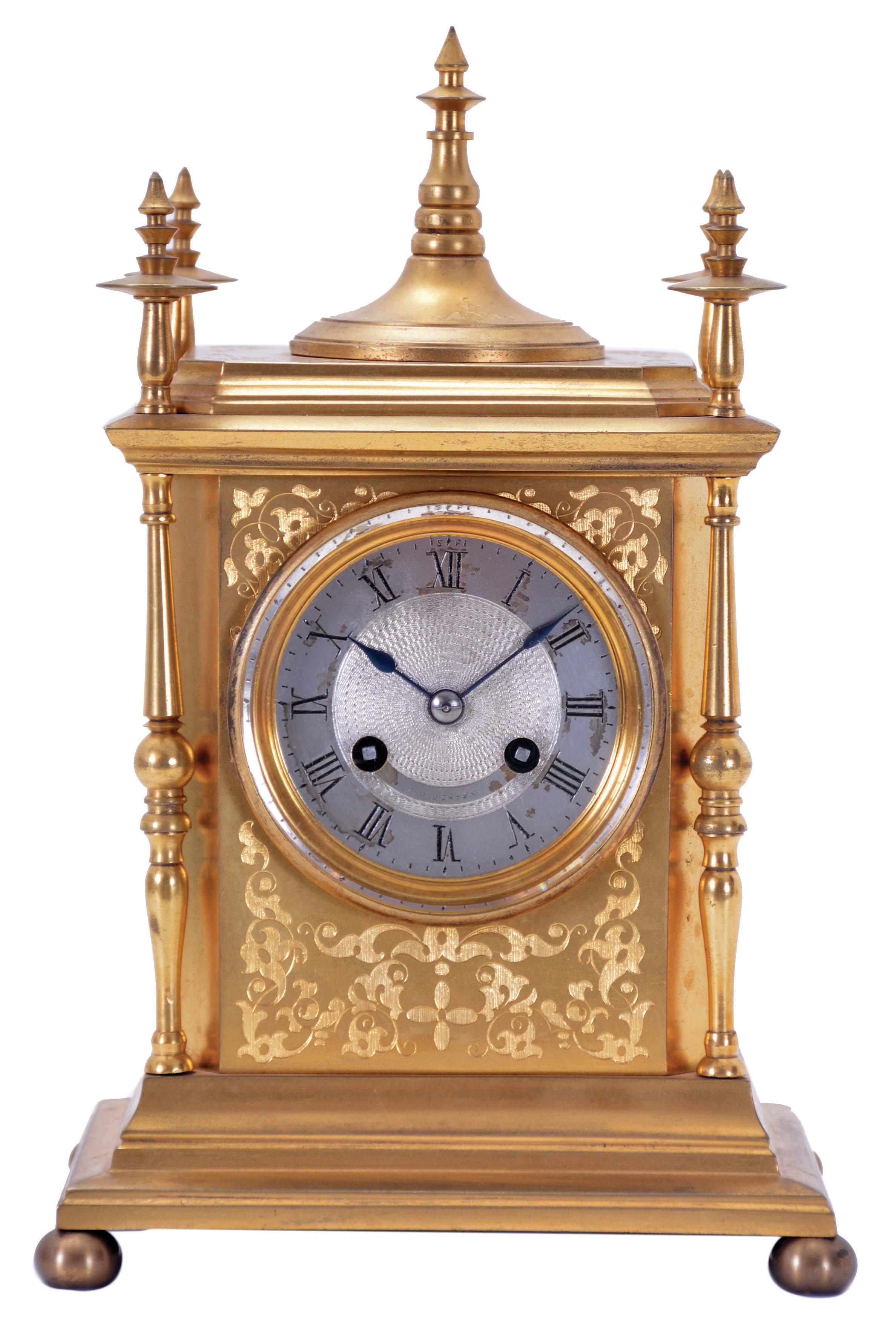 France,. for J.W. Benson, London, shelf or table clock, gilt case with Arabesque ornament, slender columns, and turned finials, Roman numeral, engine turned, silvered dial, blued steel spade hands, 8 day, time and strike pendule de Paris movement with lever platform — Antique Clocks Price Guide