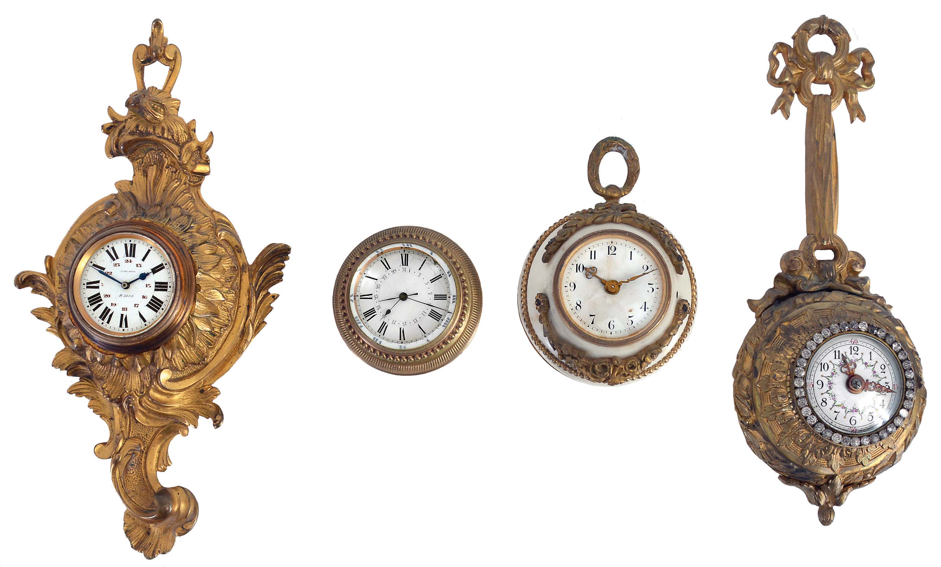 Clocks- 4 (Four): (1) a miniature cartel clock, rococo style gilt brass case, Roman numeral white enamel dial, 8 day timepiece movement; (2) a chatelaine style clock, gilt brass case, Arabic numeral white enamel dial, 8 day timepiece movement with cylinder platform; (3) a small, hanging or desk clock, turned brass case, Roman numeral white enamel dial with date display, 30 hour timepiece movement; (4) a small, hanging clock, turned white marble case with gilt mounts, Arabic numeral dial, and 8 day timepiece movement, dimensions of cartel style listed — Antique Clocks Price Guide