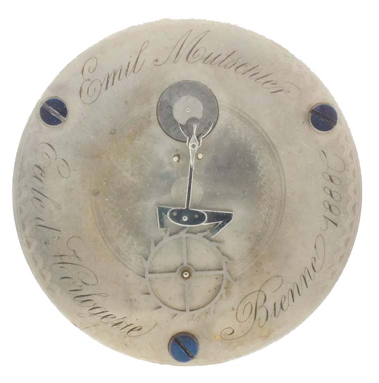 Emil Mutschler, Bienne, Switzerland, club tooth lever escapement model, damascened nickel plates, blued steel screws, polished steel lever and rollers, and with balance planted between the plates, signed "Emil Mutschler Ecole d' Horlogerie Bienne 1888" — Antique Clocks Price Guide