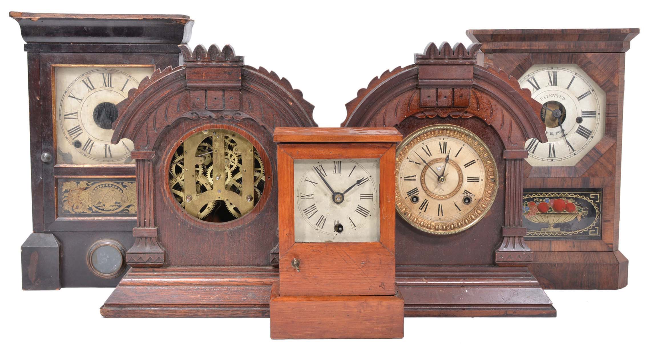 Clocks- 4 (Four) American shelf and a case only: (1) cottage clock, 30 hour; (2) Seth Thomas 30 hour time and strike; (3) &amp;; (4) Ansonia 8 day, time and strike, cabinet clocks; (5) Seth Thomas case only with dial — Antique Clocks Price Guide