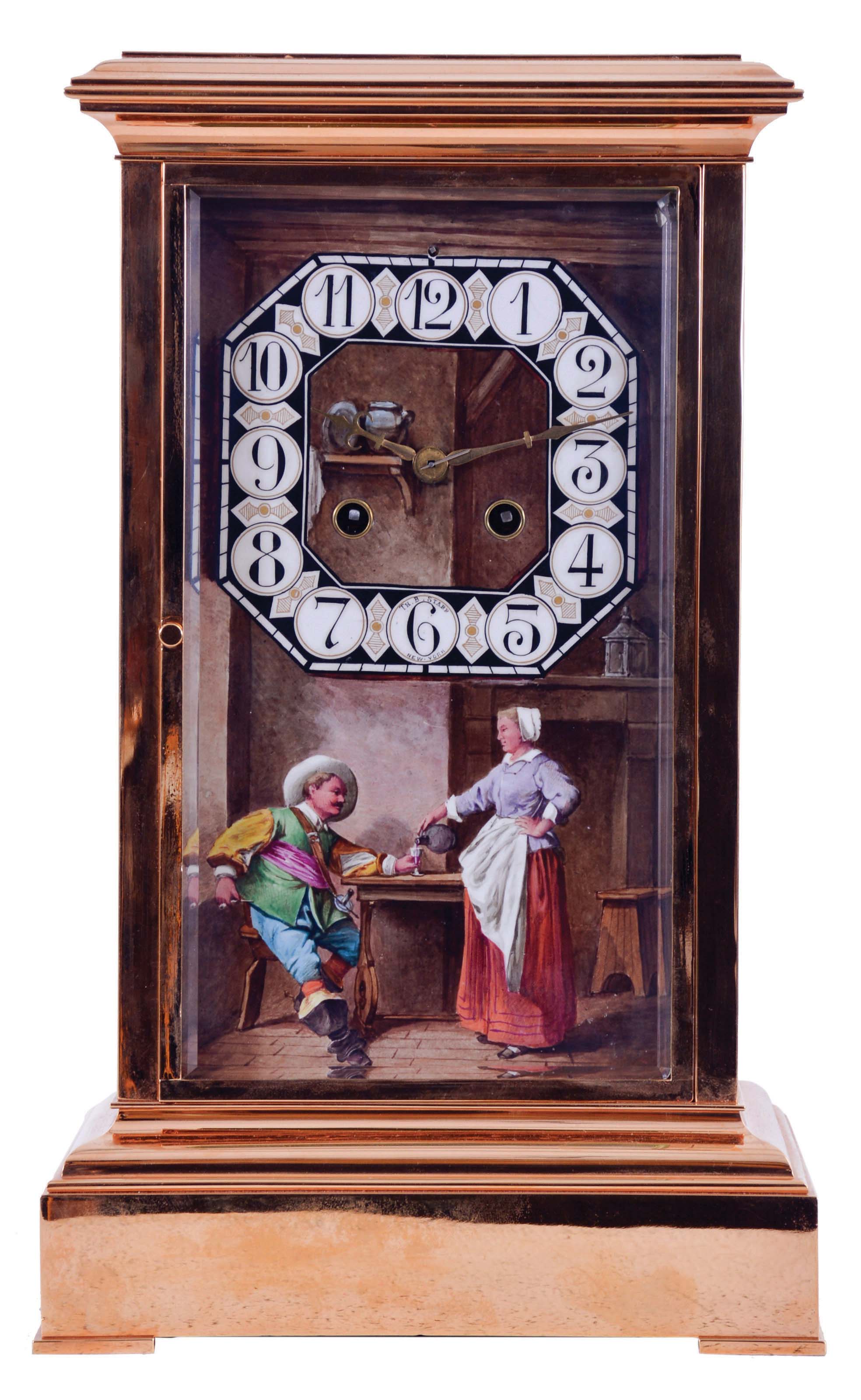 France, large mantel regulator, gilt case with ogee molded base and top, the front and back with beveled glasses, the rear glass frosted, Arabic numeral dial painted on porcelain panel with genre scene below, showing an interior with a woman pouring wine for a seated man, and marked "Theo. B. Starr New York", the panels on the left and right side similarly decorated, and featuring men enjoying wine, the right panel signed at lower right "DEVALER", 8 day, time and strike, pendule de Paris movement, movement numbered 12979, the backs of the porcelain panels bearing that number as well — Antique Clocks Price Guide