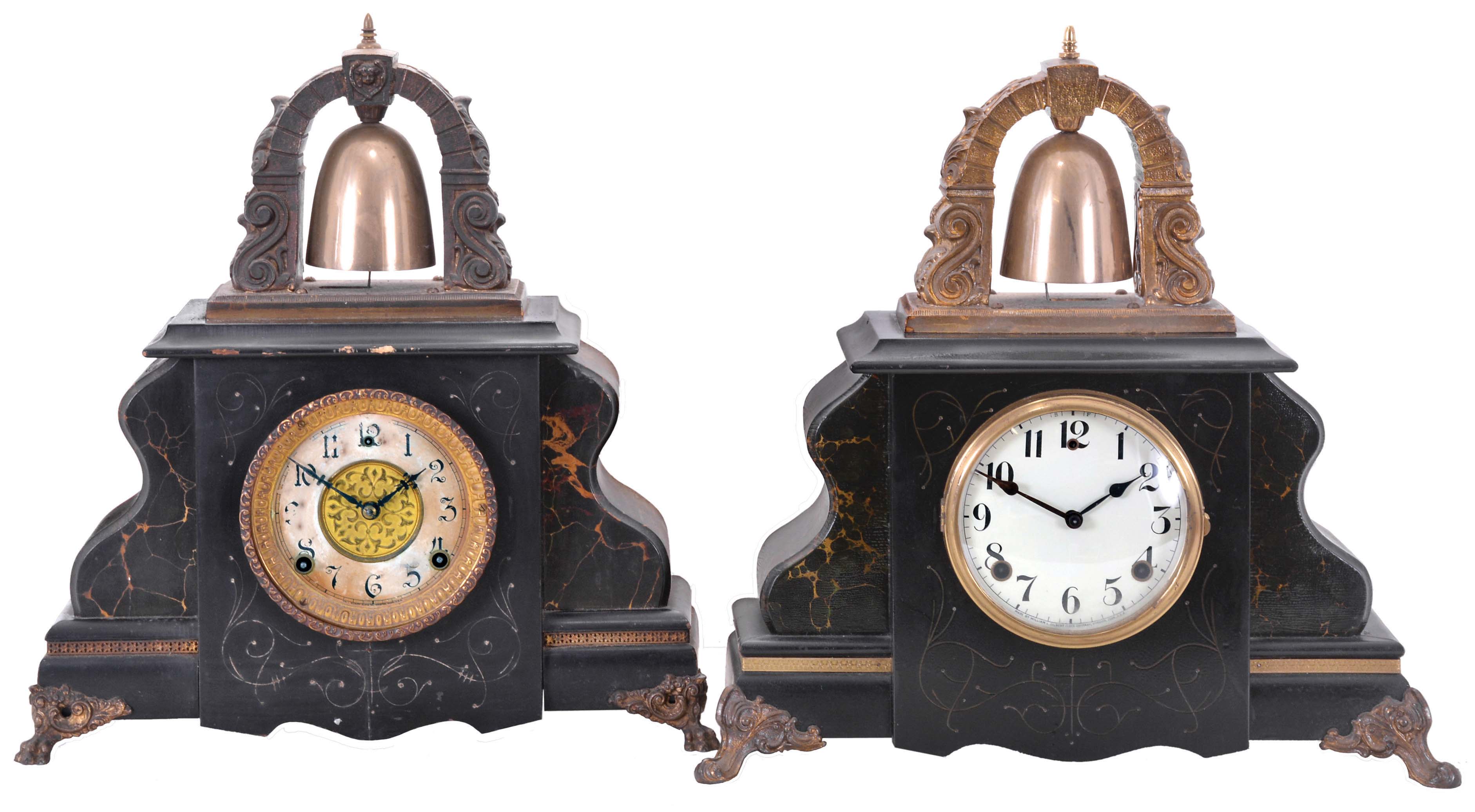 Clocks- 2 (Two): (1) Gilbert Clock Co., Winsted, Conn., "Curfew" shelf clock with an 8 day spring driven time and half hour strike movement in an enameled wood case, c1914; (2) Gilbert Clock Co., Winsted, Conn., "Curfew" shelf clock with an 8 day spring driven time and half hour strike movement in an enameled wood case, c1900. — Antique Clocks Price Guide