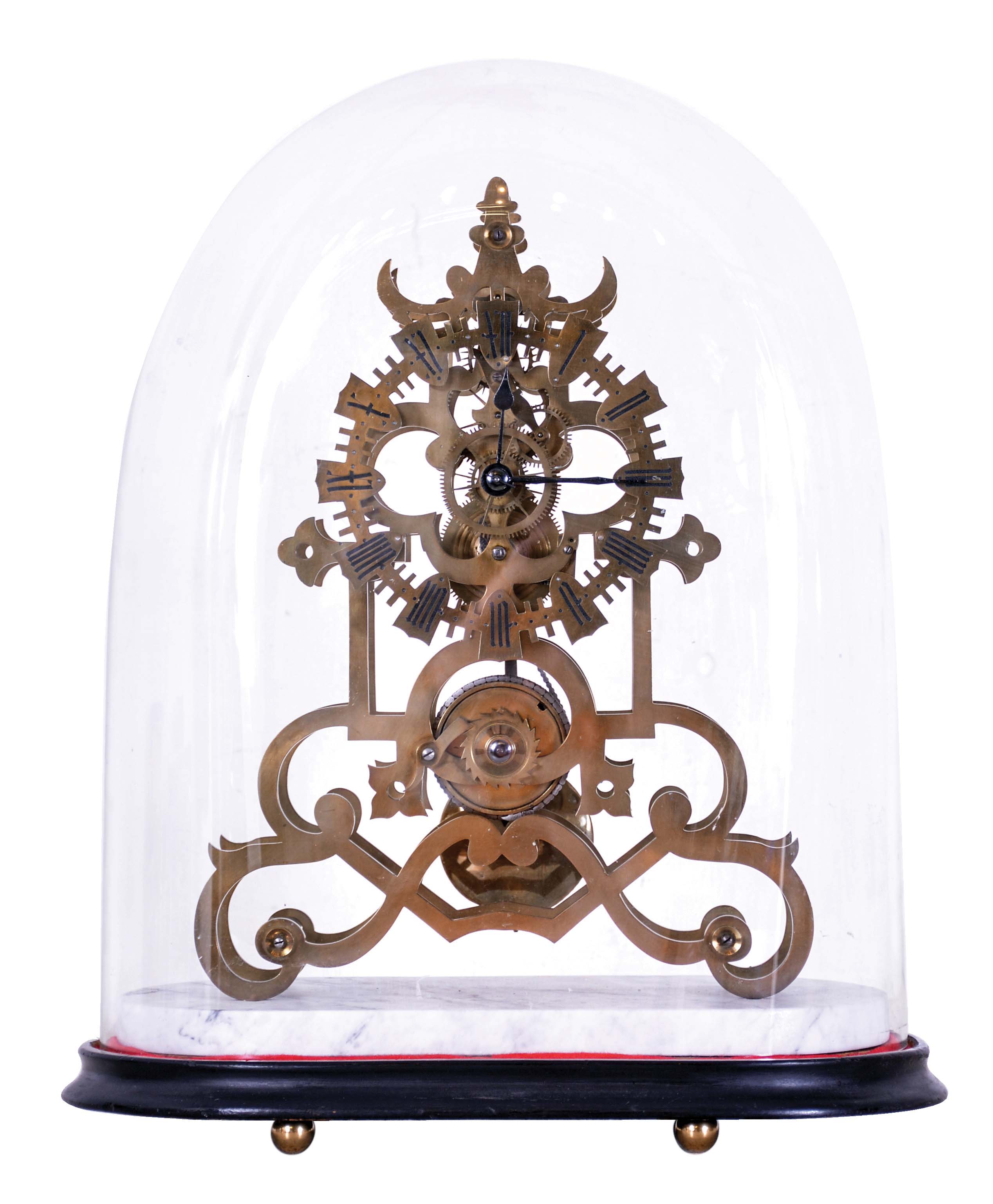 England, Skeleton clock, nicely pierced and finished brass scroll frames, Roman numeral skeletonized dial with shield shaped reserves for the figures, blued steel hands, 8 day fusee timepiece with 6 spoke crossings, recoil escapement, and brass pendulum with steel rod, all mounted to a marble plinth with ebonized wooden base, and with period shade — Antique Clocks Price Guide