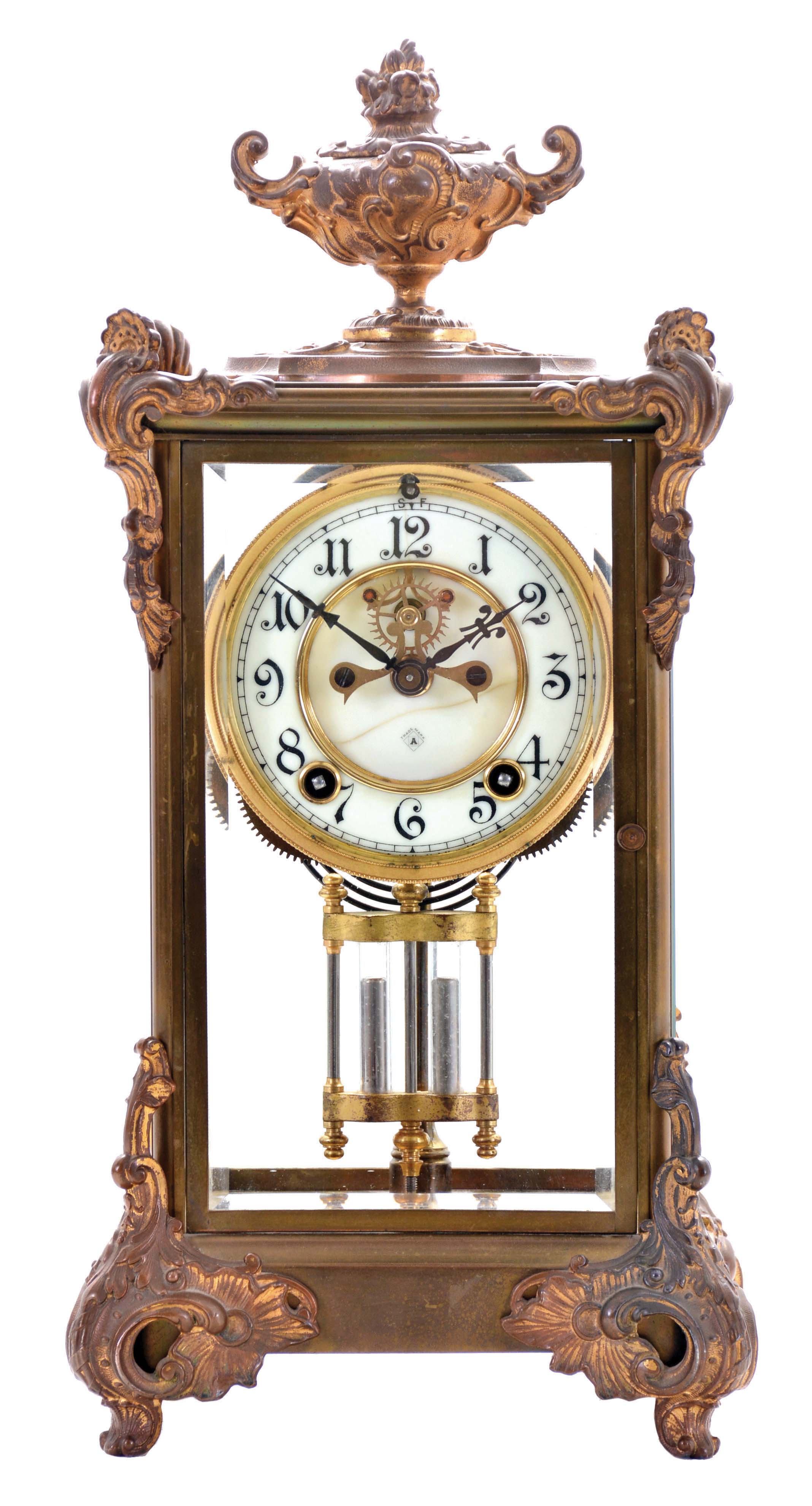Ansonia Clock Co., New York, NY, "Marquis", 8 day, time and strike spring driven movement crystal regulator mantel clock. — Antique Clocks Price Guide