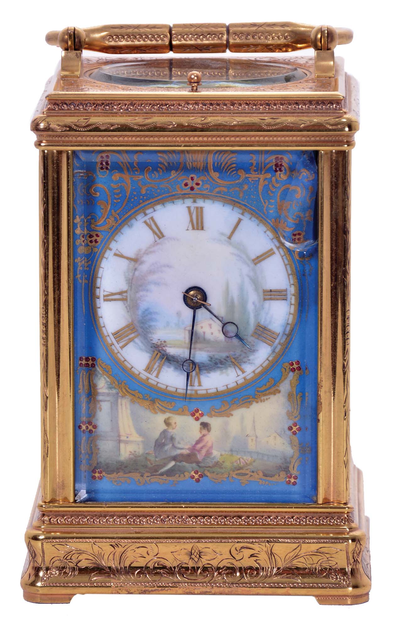 Drocourt, Paris, hour repeating carriage clock, engraved, gilt Gorge case with beveled glasses at front, top, and back, the sides with polychrome painted porcelain panels depicting couples in antique dress strolling through landscaped gardens, the dial also decorated to match the sides, blued steel Breguet style hands, 8 day, time and strike movement with lever platform, striking and repeating on a bell mounted to the back plate — Antique Clocks Price Guide