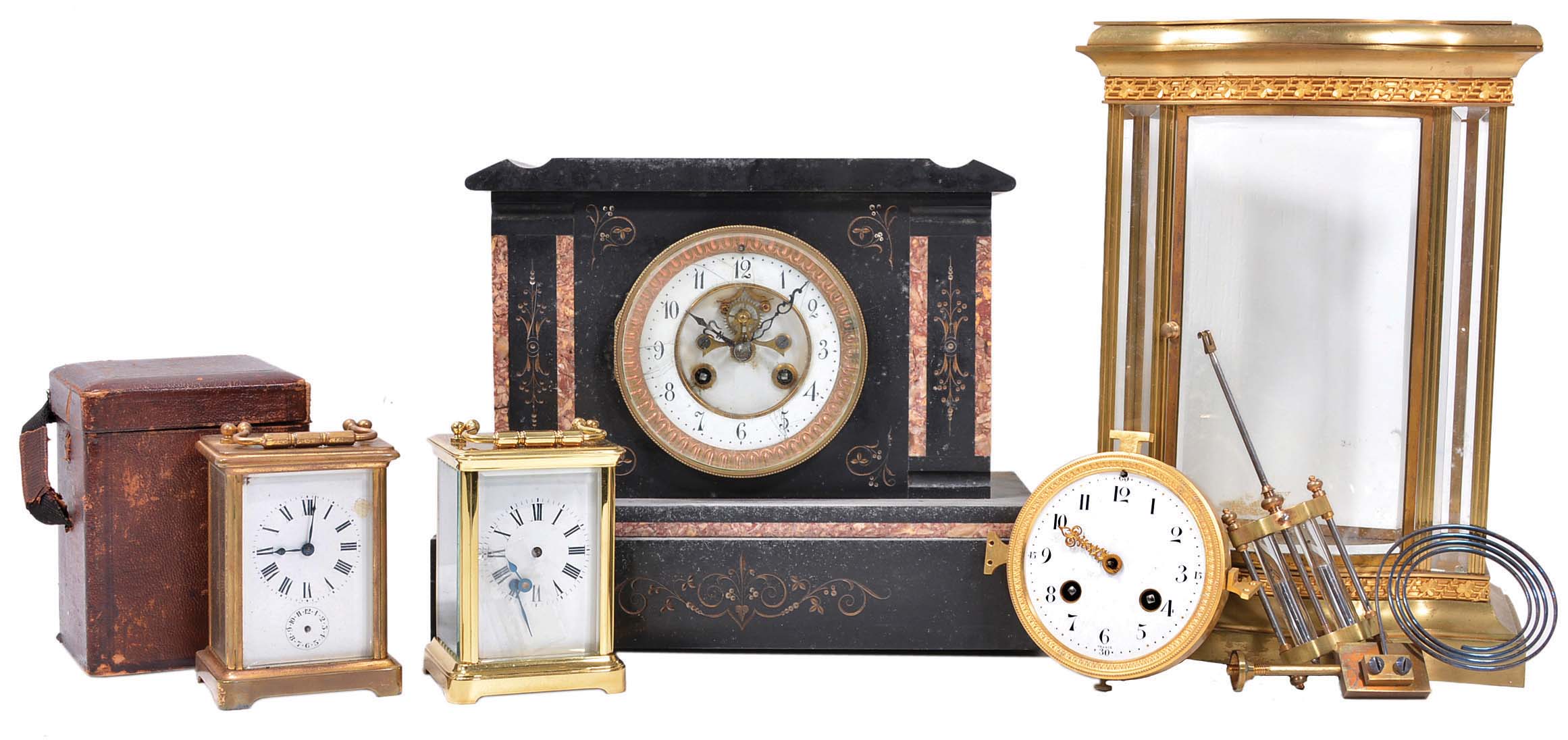 Clocks- 4 (Four) French mantel: (1) carriage clock, time and alarm with leather covered case; (2) carriage clock, time and strike; (3) black marble with visible escapement; (4) bow front time and strike crystal regulator with mercury pendulum — Antique Clocks Price Guide