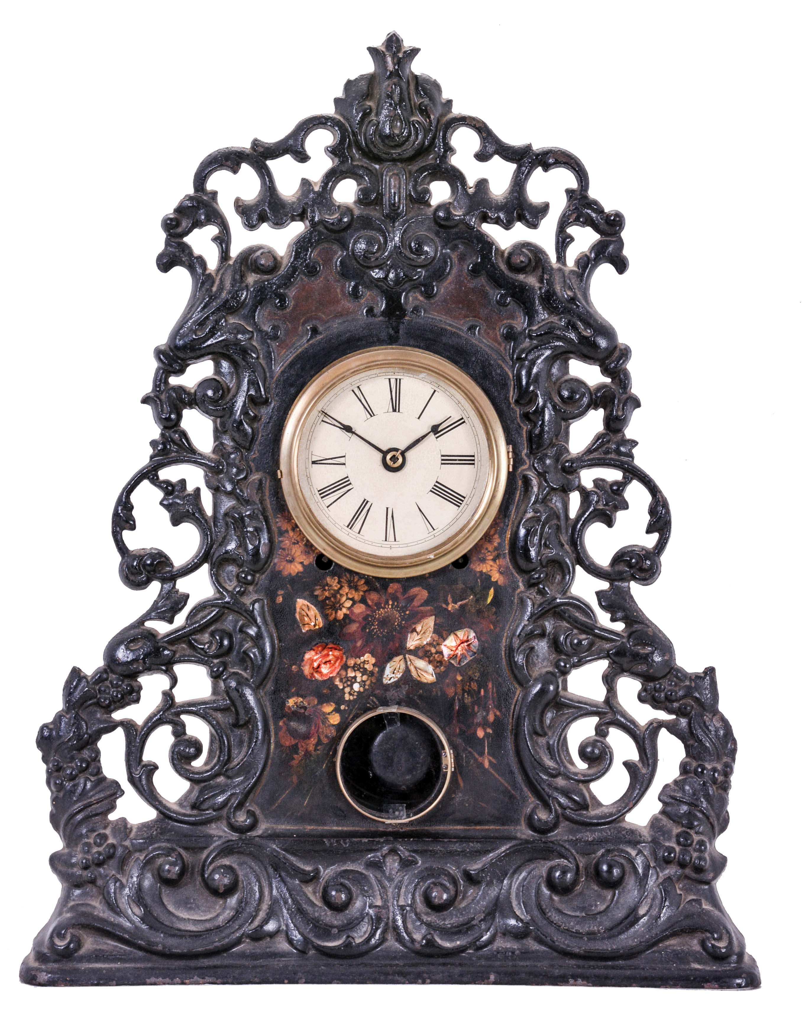 American Clock Co., New York, attribution fancy cast iron front mantel clock with an 8 day spring driven time and strike movement (marked S. Thomas, Plymouth, Conn.) . — Antique Clocks Price Guide