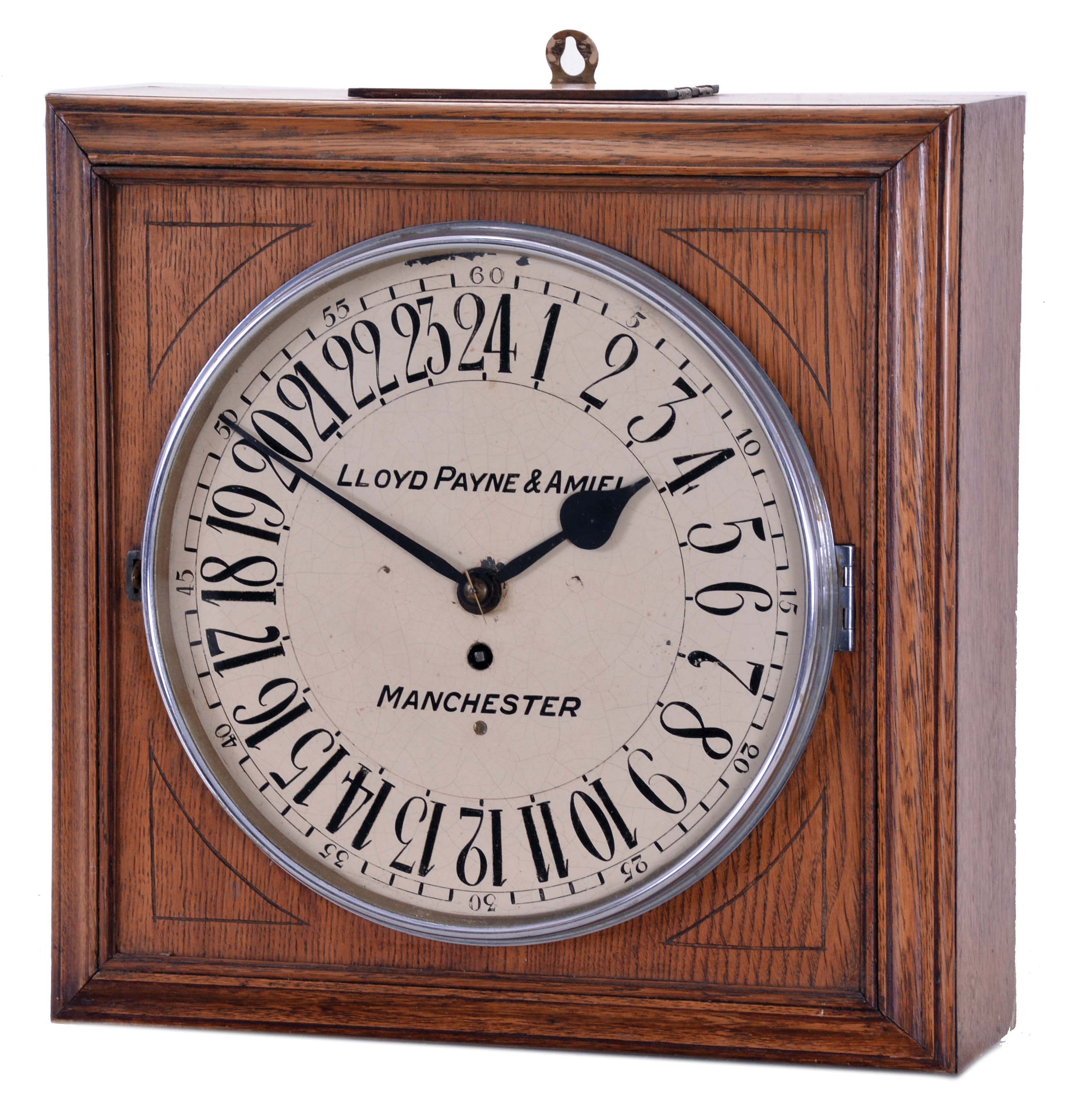 English, 8 day, spring driven, fusee movement wall timepiece with a 24-hour dial with the name "Lloyd Payne &amp; Amiel, Manchester" on the dial. — Antique Clocks Price Guide