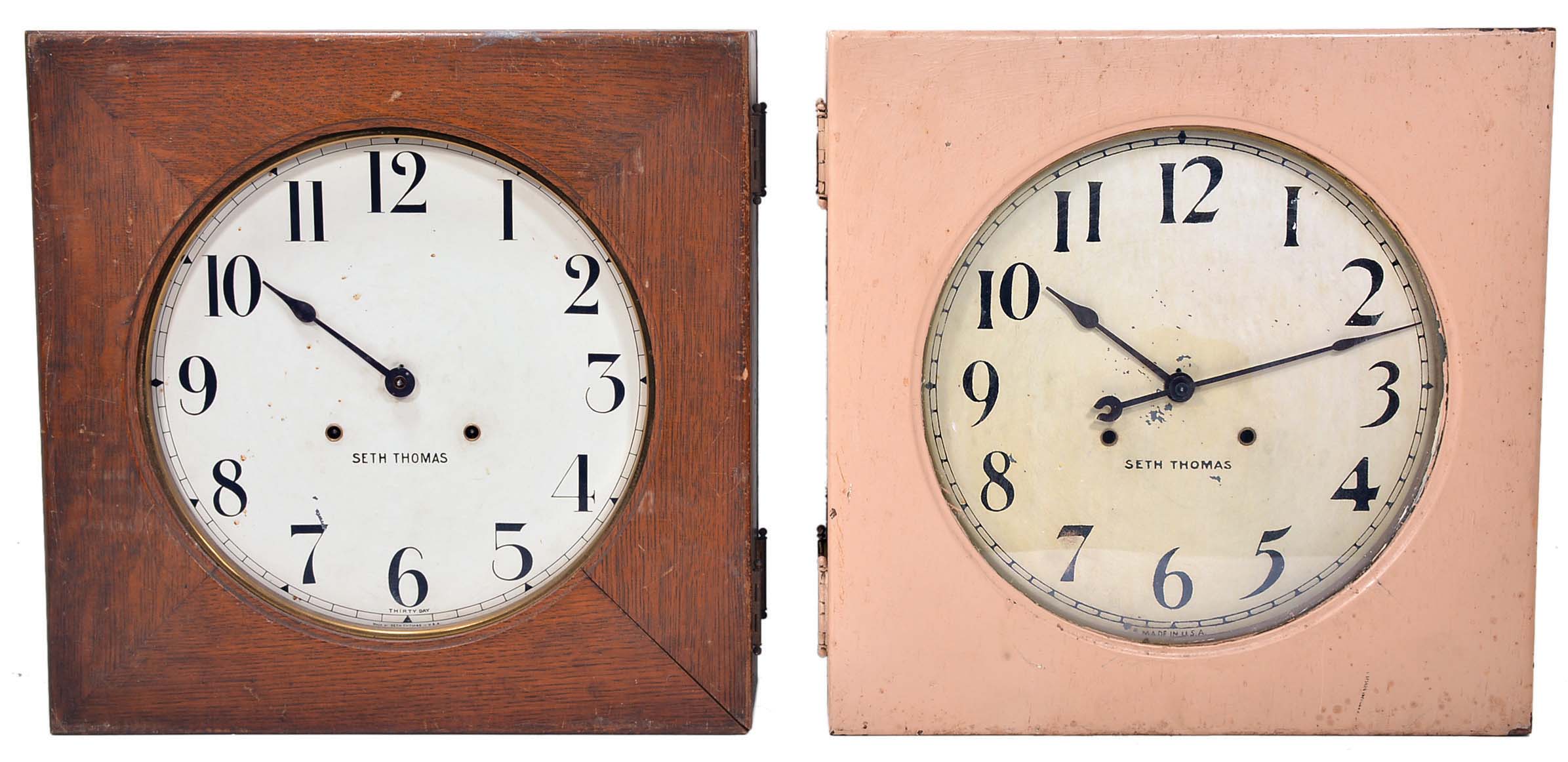 Clocks- 4 (Four) American spring driven gallery clocks: 2 (Two) Seth Thomas double sided; Seth Thomas single sided 30 day duration; Sessions in a carved oak case — Antique Clocks Price Guide